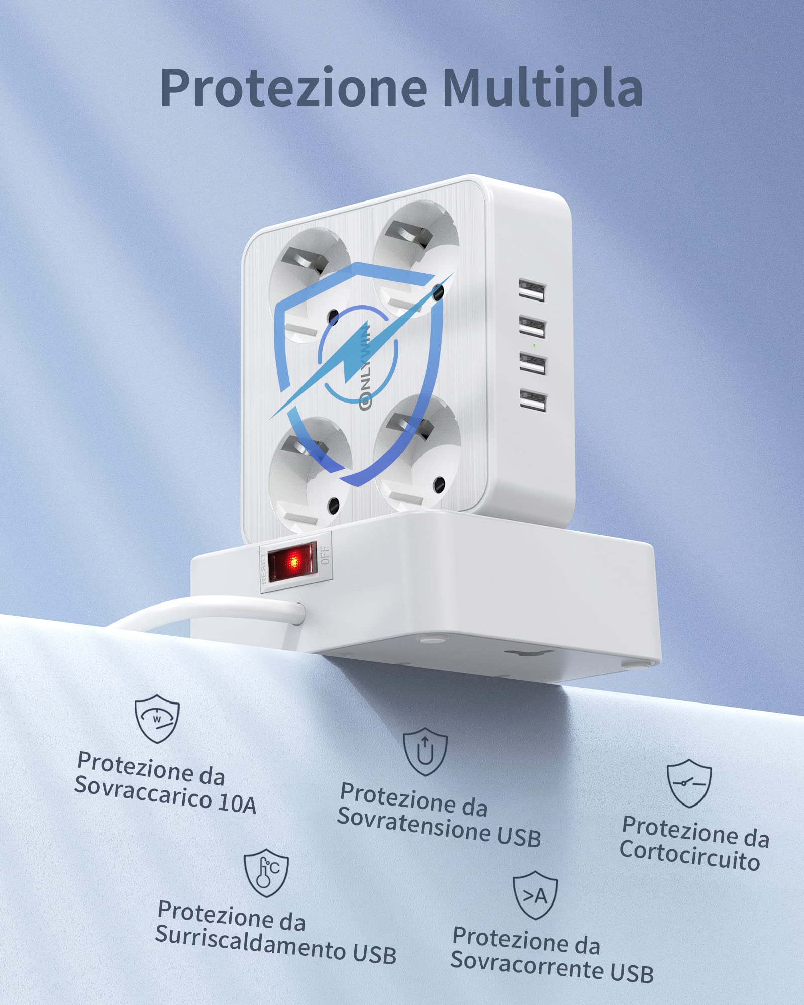 Ciabatta Multipresa Con USB-C E USB-A | 8 Prese + 4 Porte USB | Protezione Sovratensione | Cavo 1,8 M