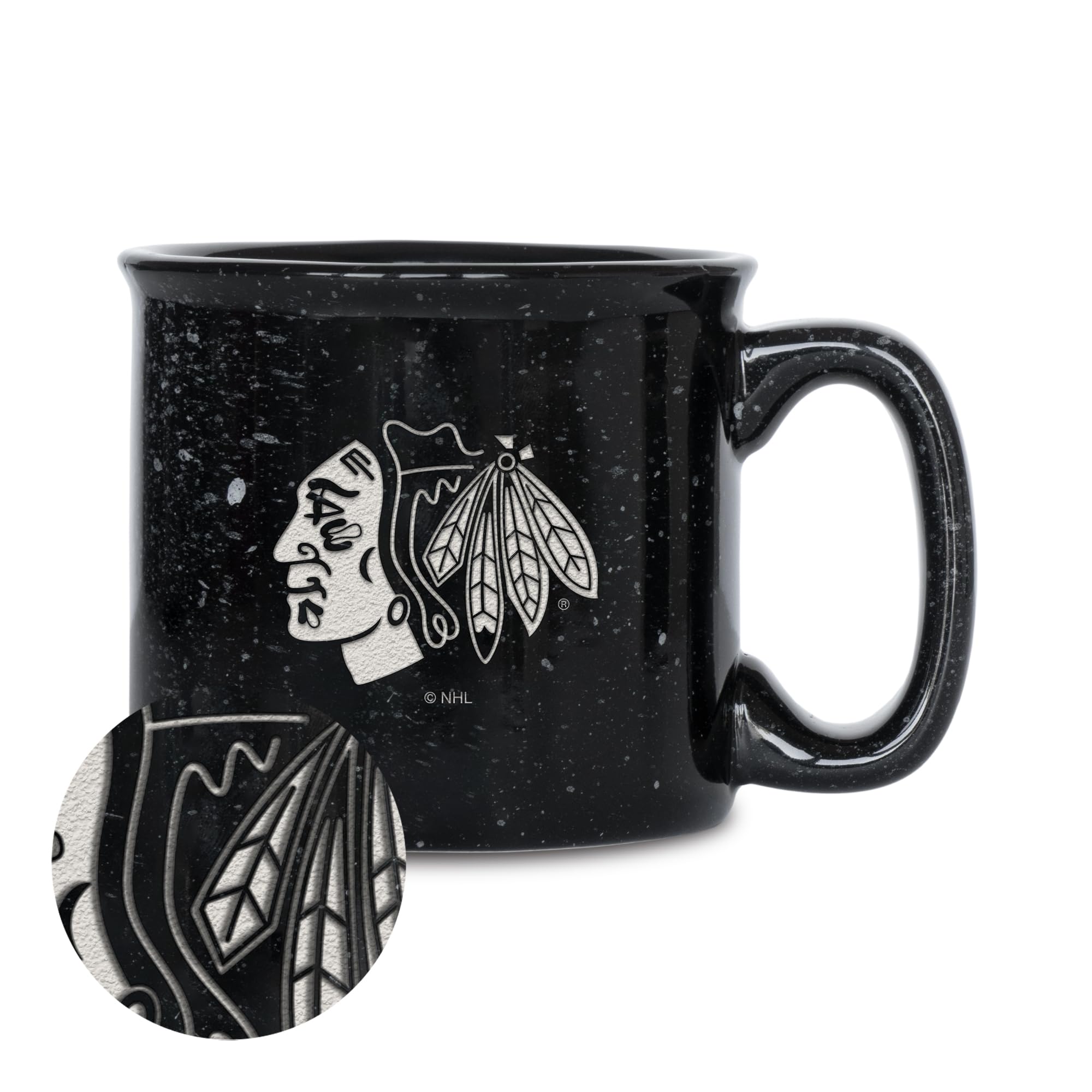 Rico Industries NHL Hockey Chicago Blackhawks Black 15 oz Speckle Camper Coffee Mug, Deep Laser Engraved Logo, Ceramic Camping Mug, Speckle Glaze