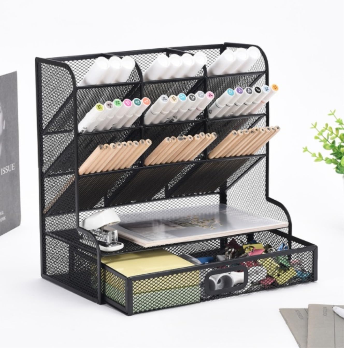 Schreibtisch Datei Organizer Schreibtisch-Organizer Aus Metallgeflecht Mit Schublade, Aufbewahrung Von Bürobedarf Und Zubehör Aktenaufbewahrung Ablagesystem(Black)