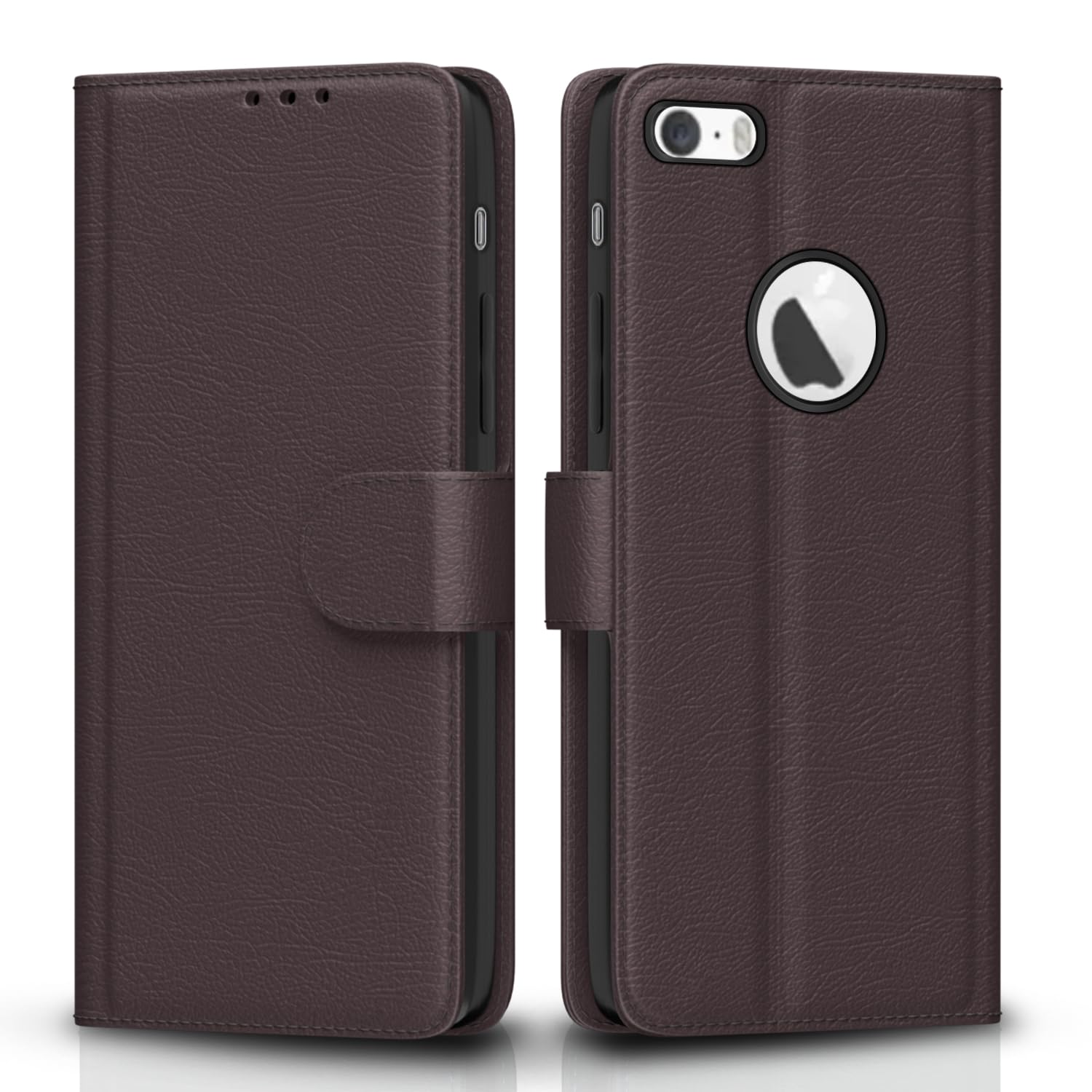 Pikkme Flip Case Leather Finish | Inside TPU with Card Pockets | Wallet Stand and Shock Proof | Magnetic Closing | Complete Protection Flip Cover for iPhone 5 / 5s / se (Coffee)