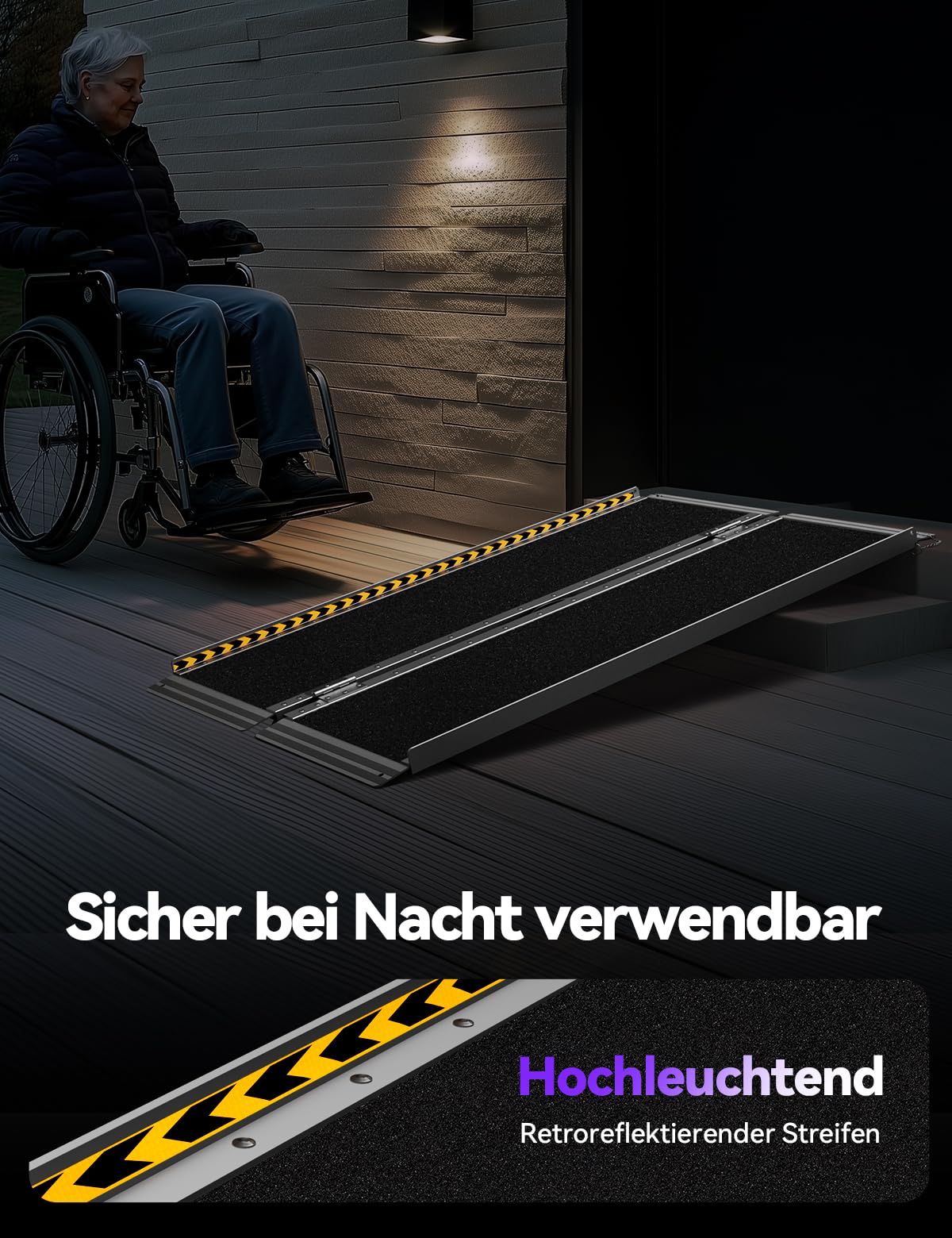 FACHNUO Rollstuhlrampe 91cm Faltbare Aluminium Schwellenrampe mit verstellbaren Stützbeinen, 362kg Tragfähigkeit, rutschfeste & tragbar, Schwarze Rampe für niedrige Treppen, Stufen, Türen, Eingänge