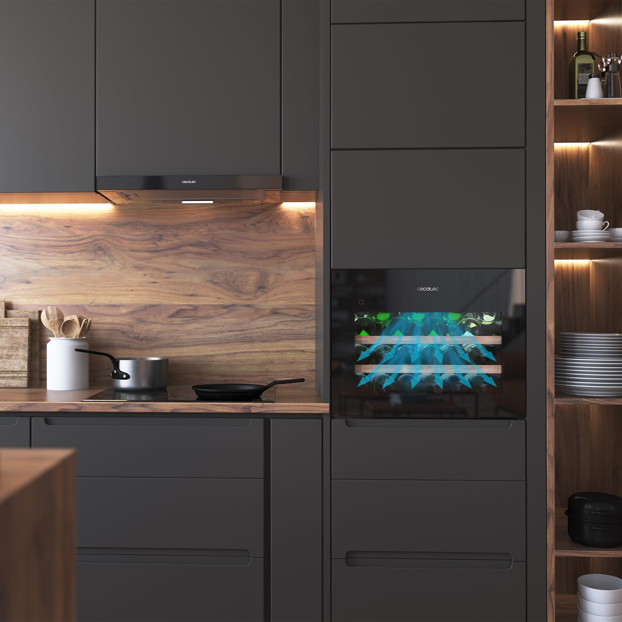 Cecotec Bolero Grandsommelier Bi 28000 Touch Black Einbau-Weinkühlschrank 28 Flaschen Compressor, Schwarzes Glas, Leise, LED-Licht, Touch-Öffnung