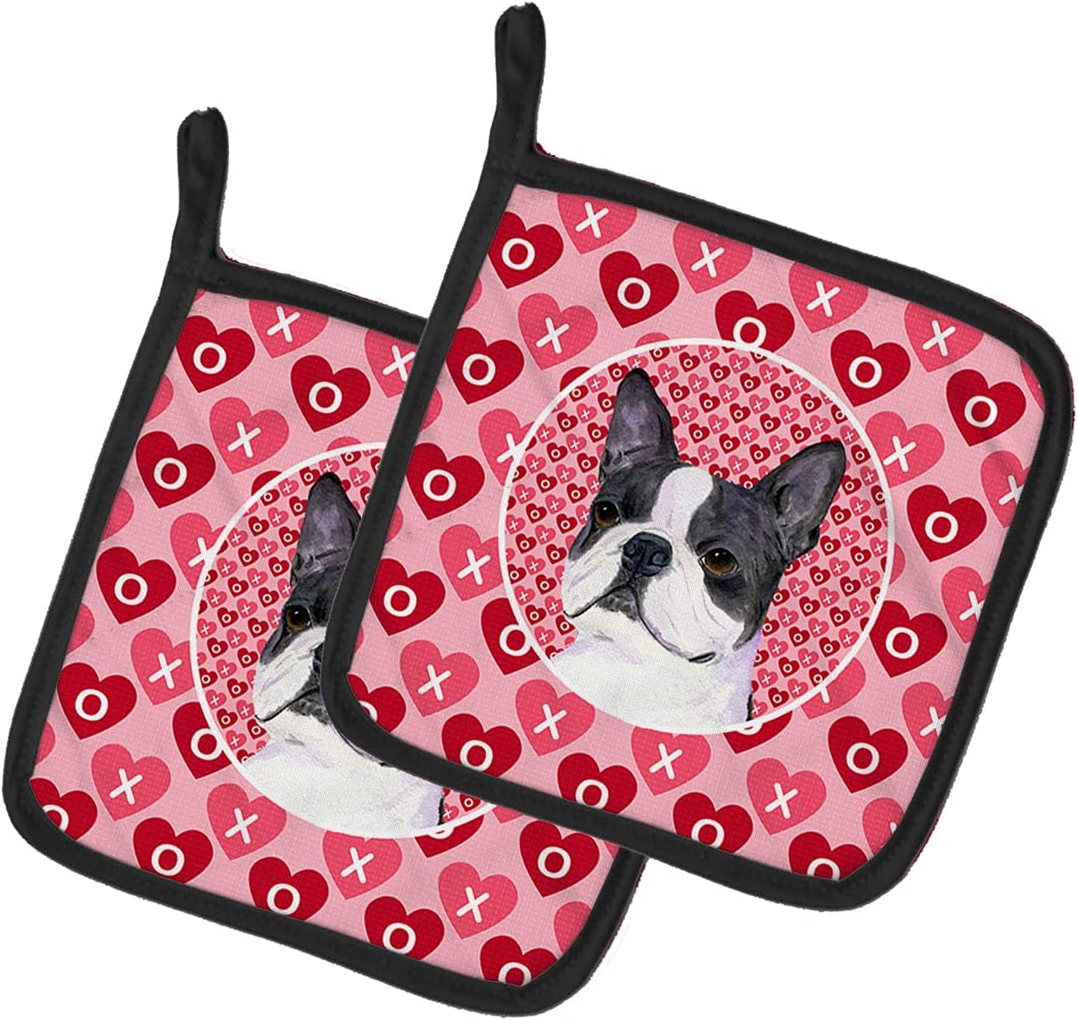 Caroline's Treasures SS4516PTHD Boston Terrier Hearts Love Valentine's Day Pair of Pot Holders Kitchen Heat Resistant Pot Holders Sets Oven Hot Pads for Cooking Baking BBQ, 7 1/2 x 7 1/2