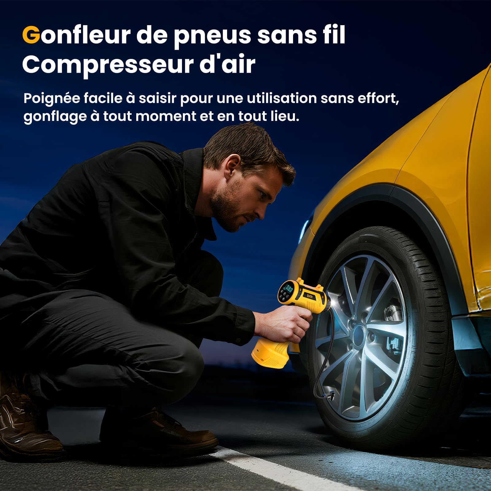 Gonfleur Pneus Voiture Sans Fil – 150PSI 22L/Min Compresseur d‘Air Portatif, Batterie Rechargeable avec Arrêt Auto, Écran LED & 4 Modes:Voiture/Vélo/Moto/Ballon