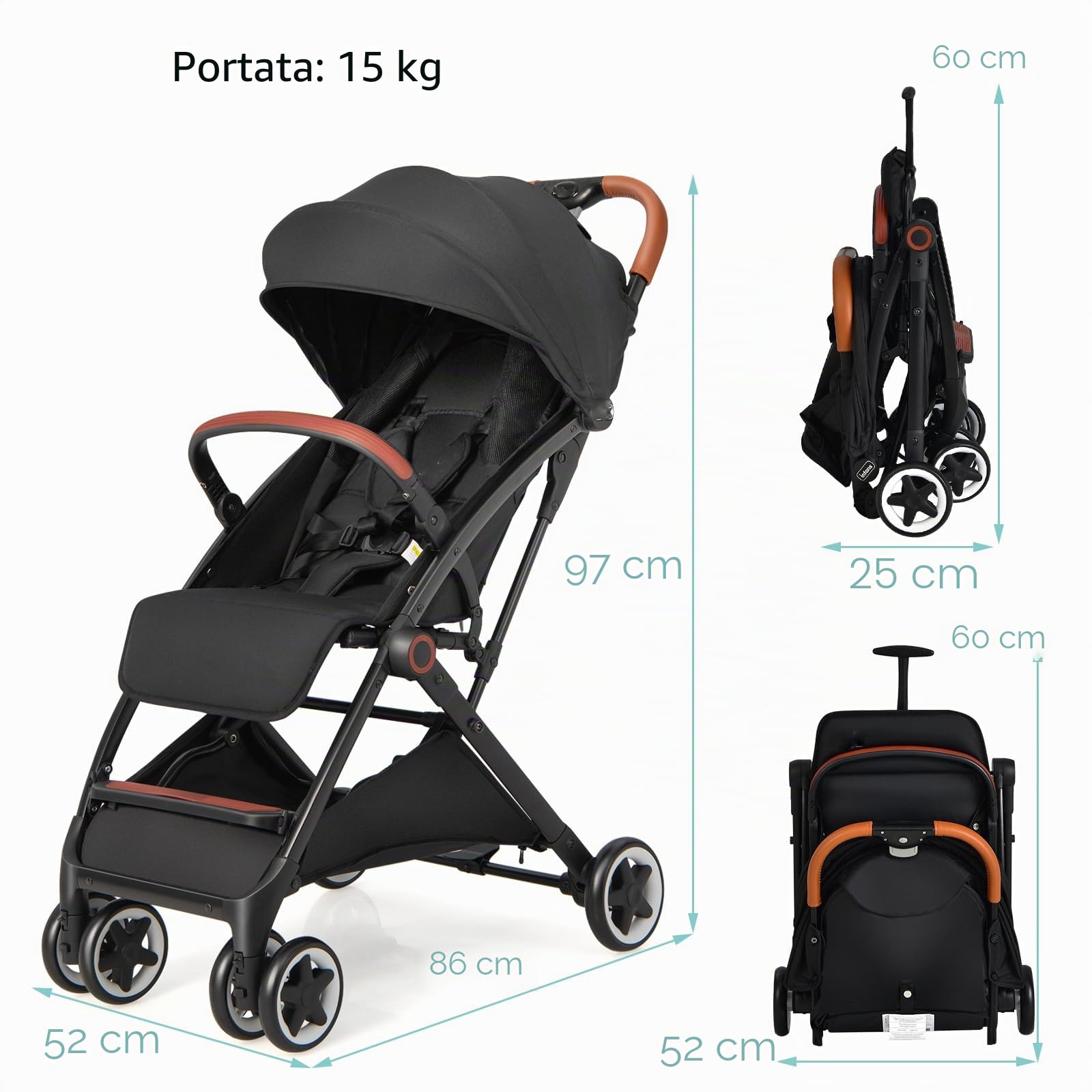 LIFEZEAL Passeggino pieghevole con schienale regolabile, passeggino compatto e comodo con zanzariera, imbracatura a 5 punti, 4 ruote, cestino portaoggetti, carico di 15 kg, 0-36 mesi (nero)