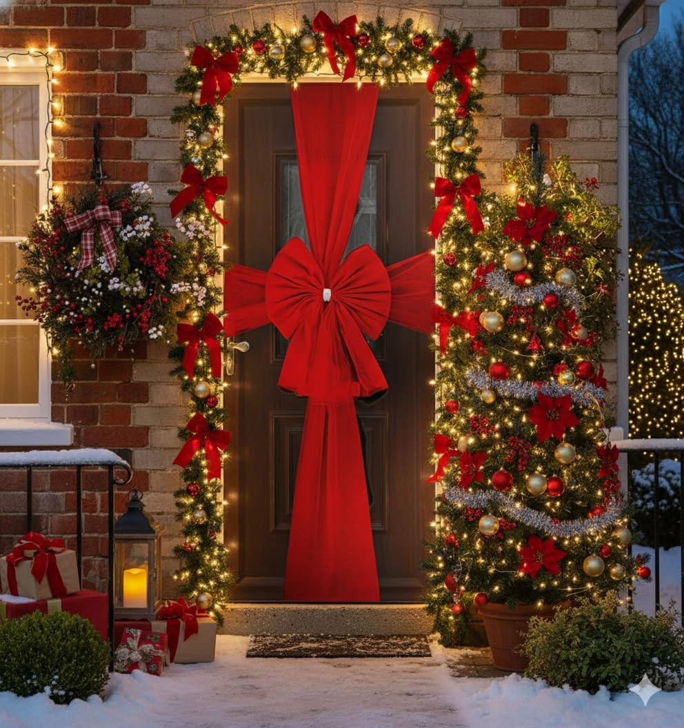 I LOVE FANCY DRESS Nœud de porte de Noël rouge et couronne de Noël de 45,7 cm – Grand nœud en ruban rouge pour porte d'entrée, armoires et cadeaux – Nœud festif pour sapin/couronne et décoration