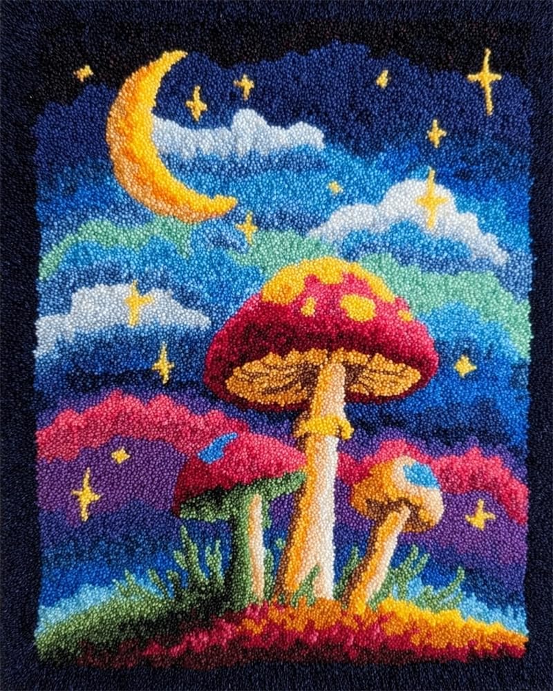 FWRTYCB Latch Hook Kits Rug Making Crafts with Colorful Pattern Printed,Starry Night Mushroom 20X15Inch Large Latch Hook Rug Kit Tapestry Rug Making Kits DIY Crafts Unfinished Handmade Crochet Yarn