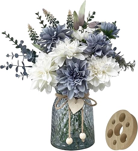 Flores artificiales en jarrón, 8 dalias, flores artificiales de seda en jarrón, centros de mesa para decoración, flores falsas en jarrón con un