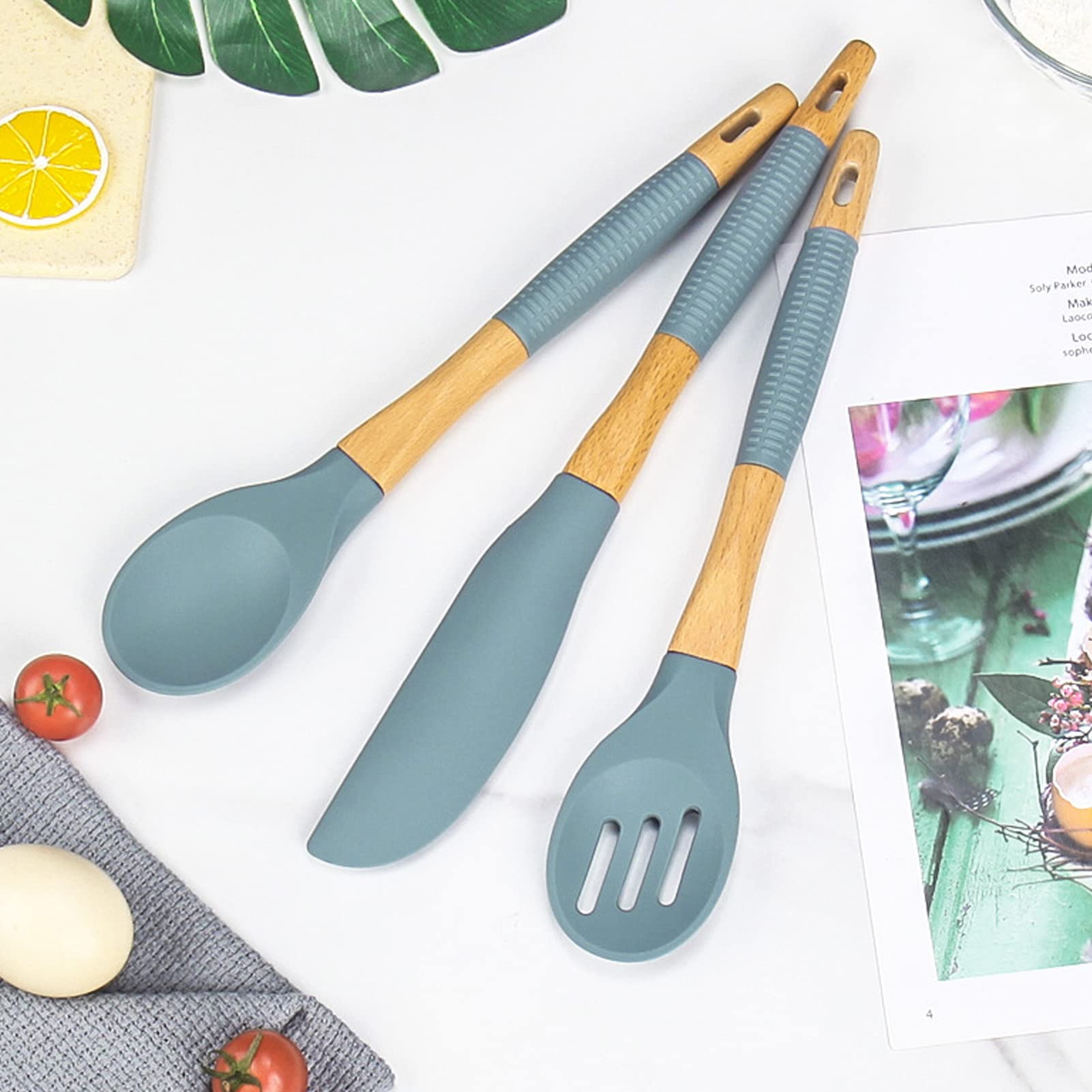 Ensemble d'ustensiles de cuisine en silicone, ensemble de 6 spatules d'ustensiles de cuisine avec manche en bois, ustensiles de cuisine, gadgets de cuisine pour la pâtisserie au