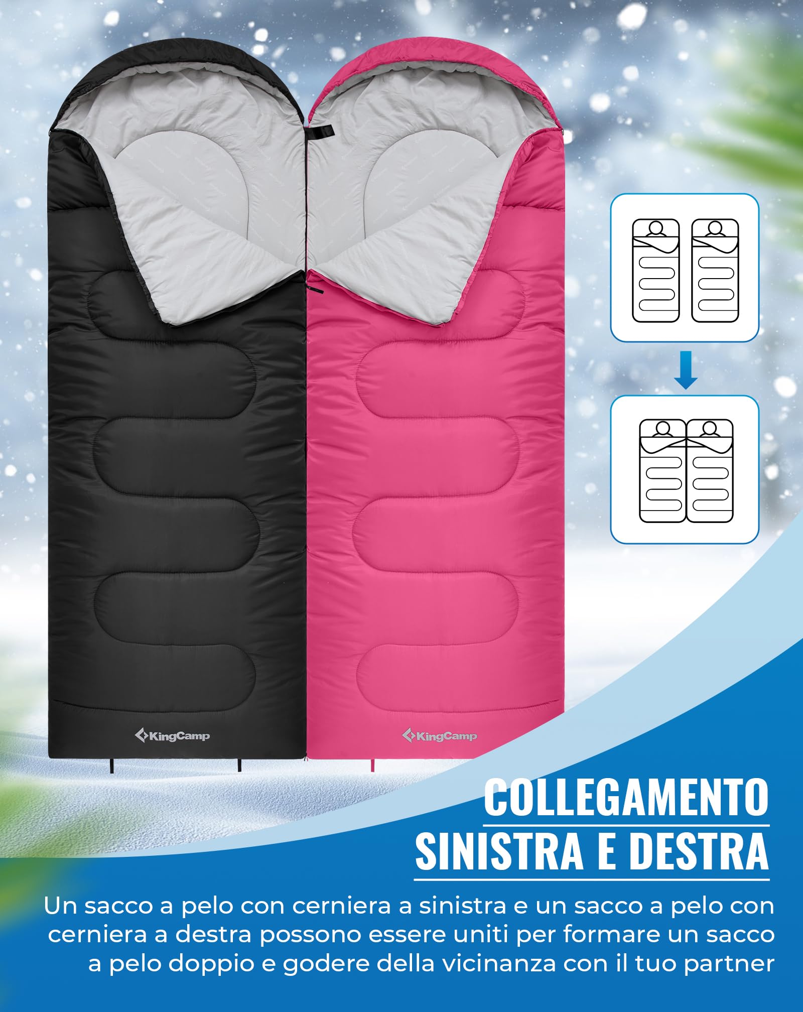 KingCamp Sacco a Pelo Oasis 3-4 Stagioni Impermeabile e Leggero per Camping (Bambini e Adulti) - Collegabile Sinistra/Destra per Doppio, Ideale per Viaggi e Attività Outdoor