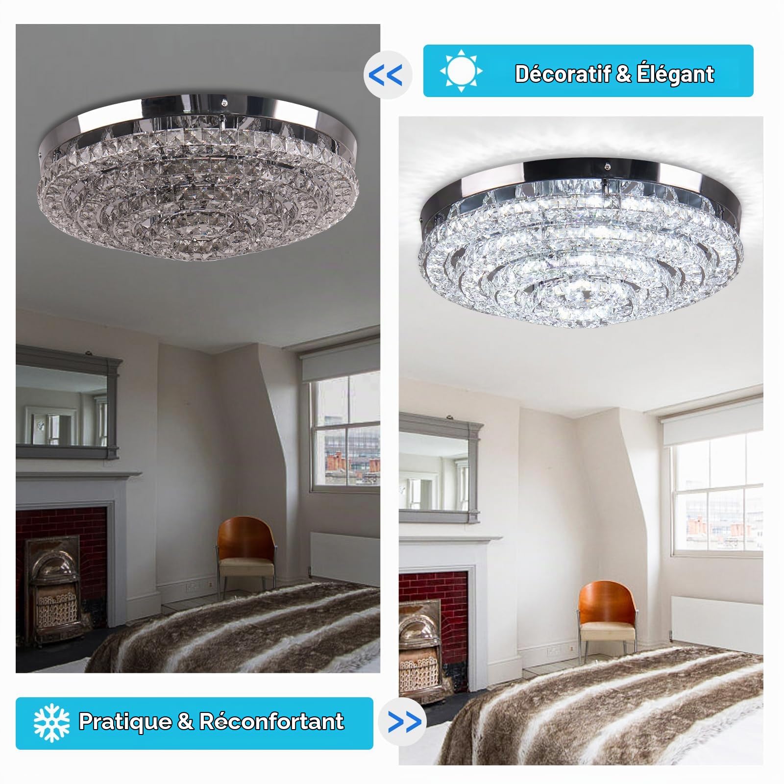 lustre en cristal plafonnier encastré moderne Grand lustre LED Entrée chambre salon salle à manger (blanc froid 6000k)