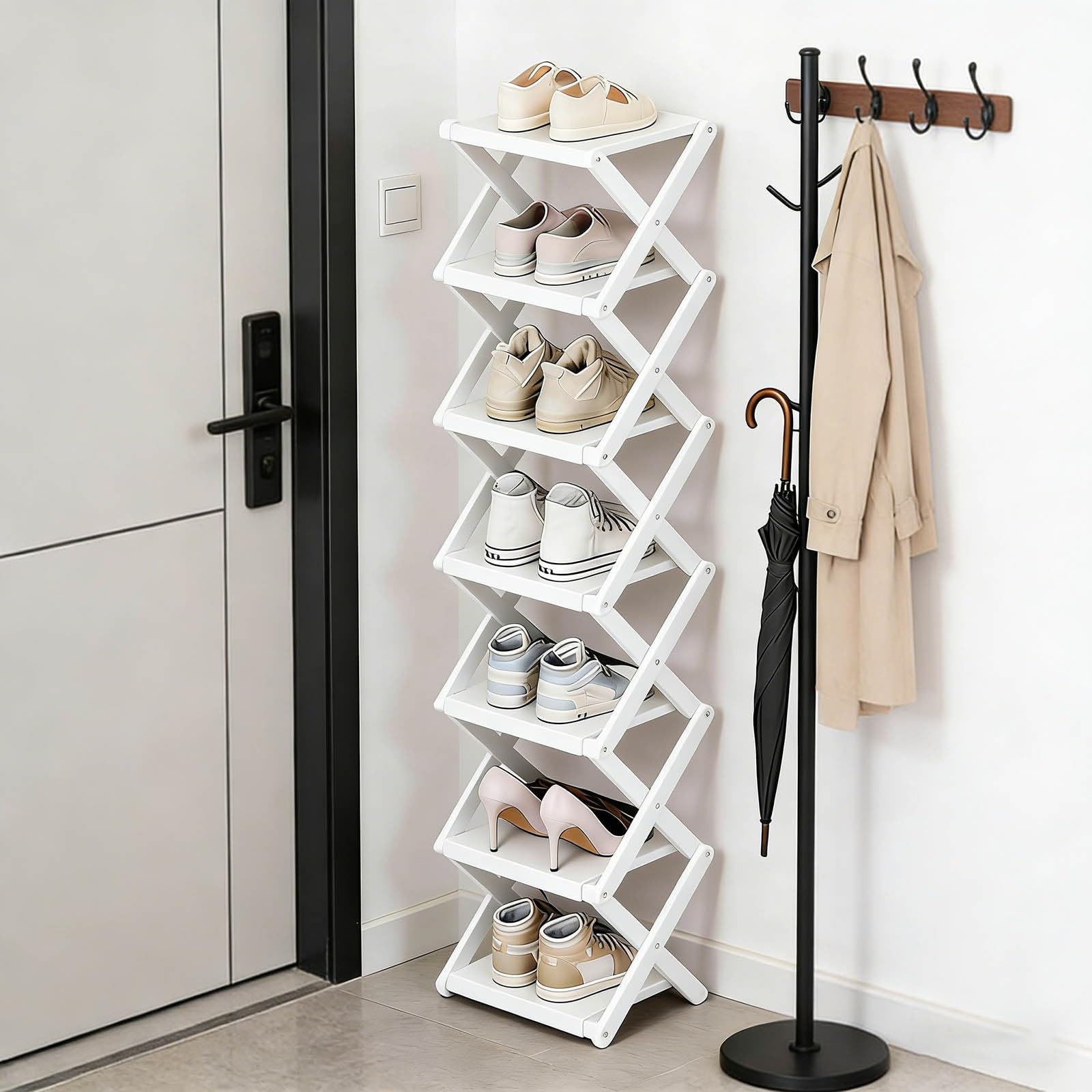 Zapatero de bambú de 2/3/4/5/6/7/8 niveles, no requiere instalación, zapatero plegable, almacenamiento multicapa, fuerte capacidad de carga, ahorro de espacio, para interiores, balcón (blanco, 7)