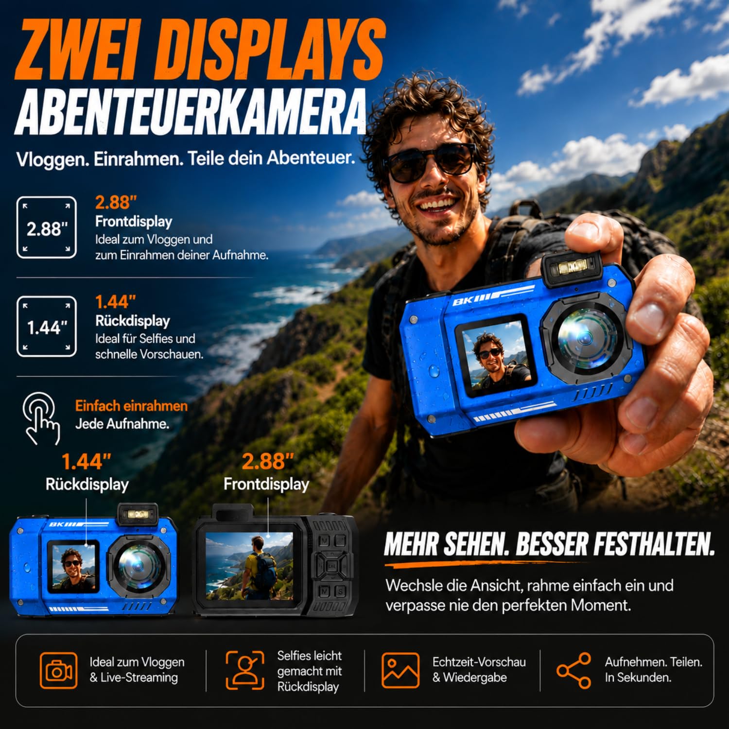 Maxmango D50 8K Unterwasserkamera,33FT wasserdichte Kamera mit 16GB Karte,2.8'' Dual-Screen Selfie Staubdichte, Stoßfeste Digitalkamera mit 2500mAh Batterie, 18X für Schnorcheln, Schwimmen und Urlaub