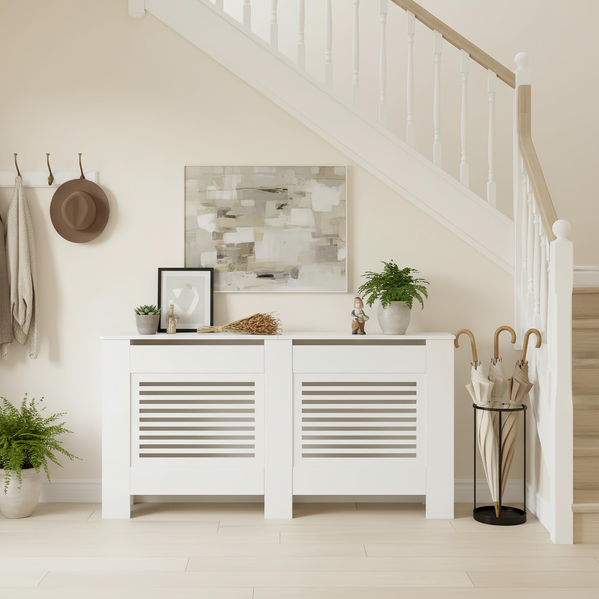 Buybyroom Buffets Altos, Cubierta Radiador, Cubierta Radiador Madera, Lattes Horizontales, para Salón, Dormitorio, Pasillo, 152 X 19 X 82 cm, MDF Blanco