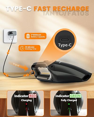 Miniatura 3 de TANYO Aspirador de mano inalámbrico Pro, mini aspiradora de coche recargable con filtro HEPA inoxidable, pequeño portátil de mano interior del coche