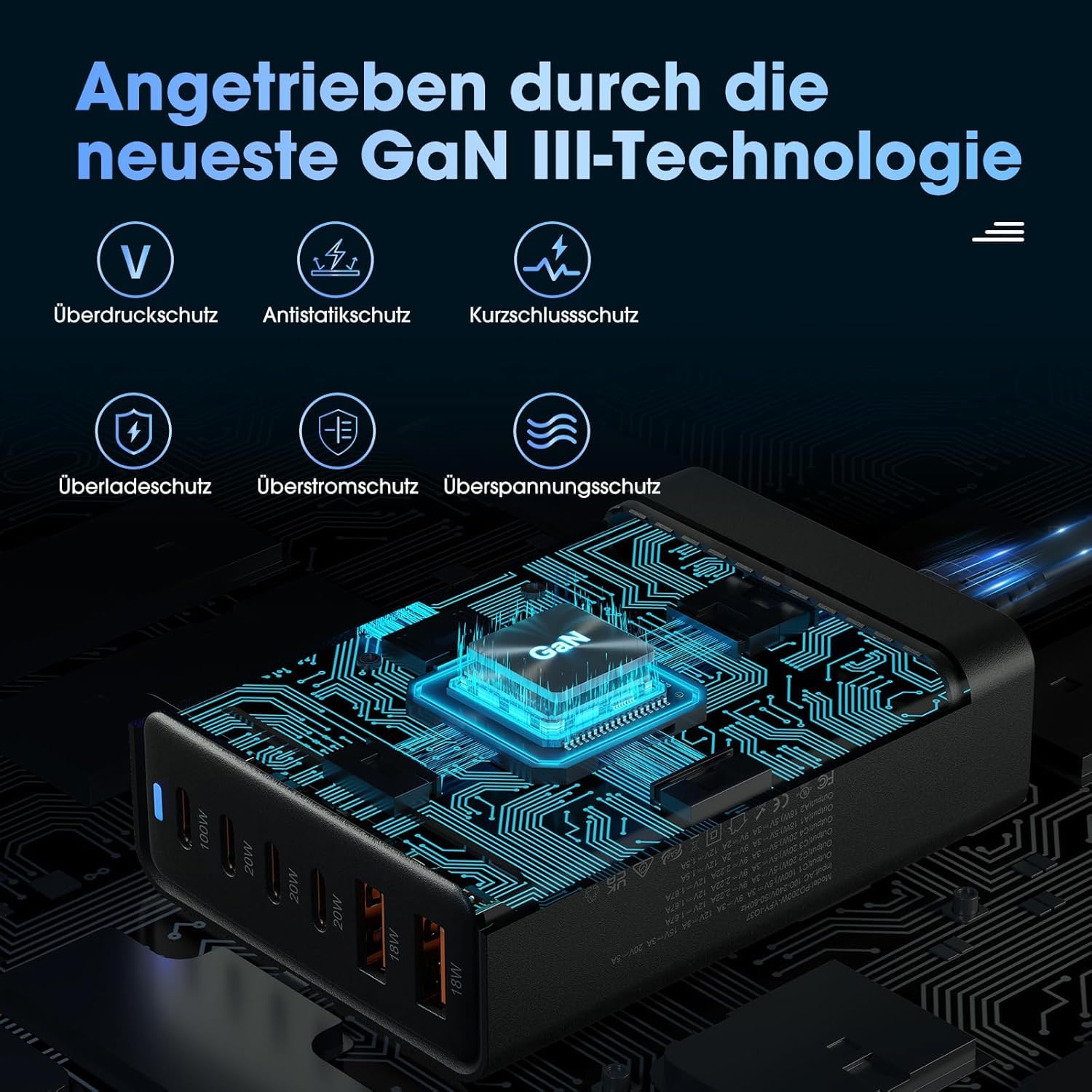 Ładowarka USB C 200 W, PD 100 W, szybkie ładowanie 6-portowe, ładowarka GaN-III, zasilacze kompatybilne z MacBook Pro/Air, Dell XPS, iPhone 15/16/14/Pro, Samsung, Xiaomi, iPady, Steam Deck