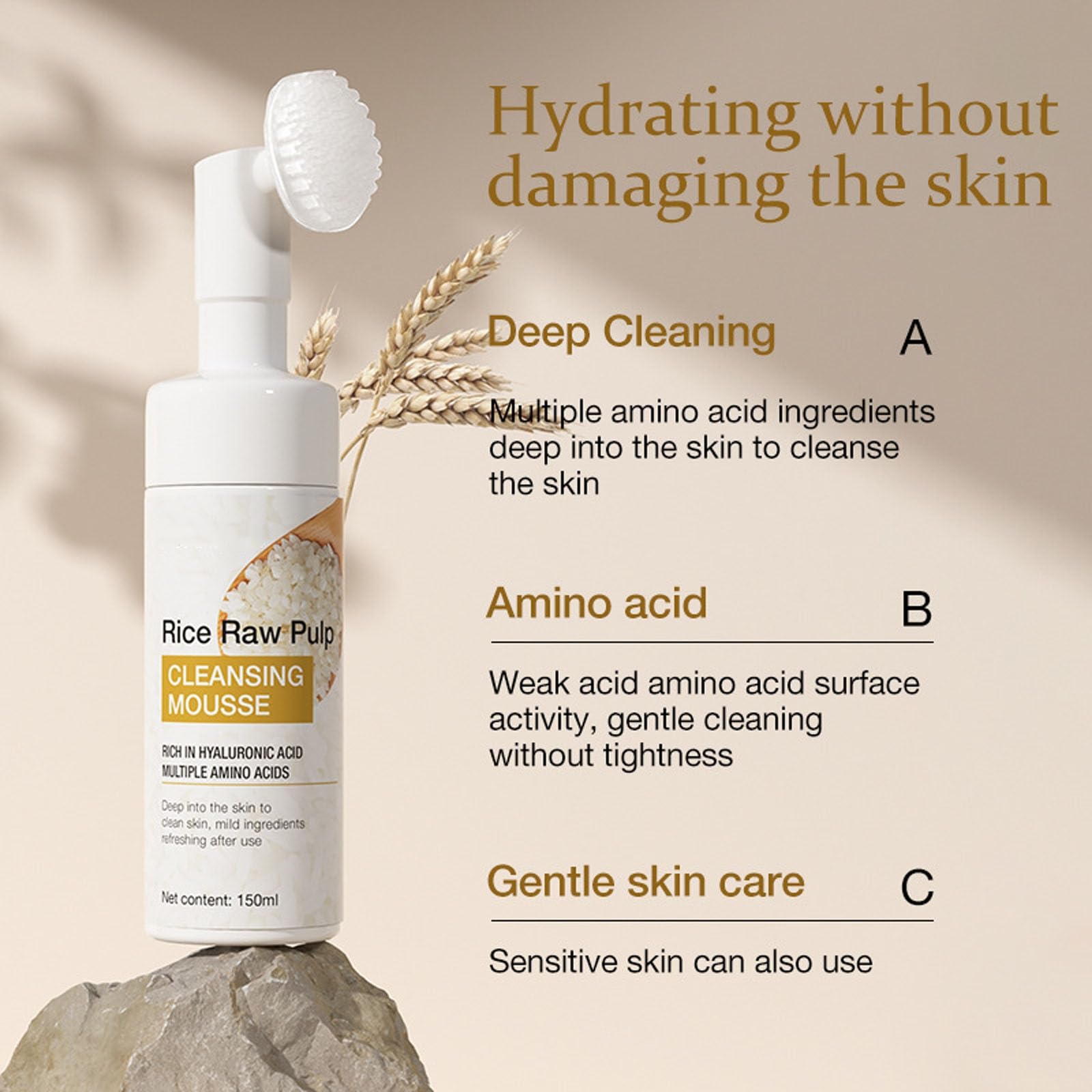 Detergente schiumogeno per riso, detergente esfoliante delicato per il viso con spazzola in silicone, detergente idratante profondo per il viso al riso, detergente nutriente e idratante per la cura