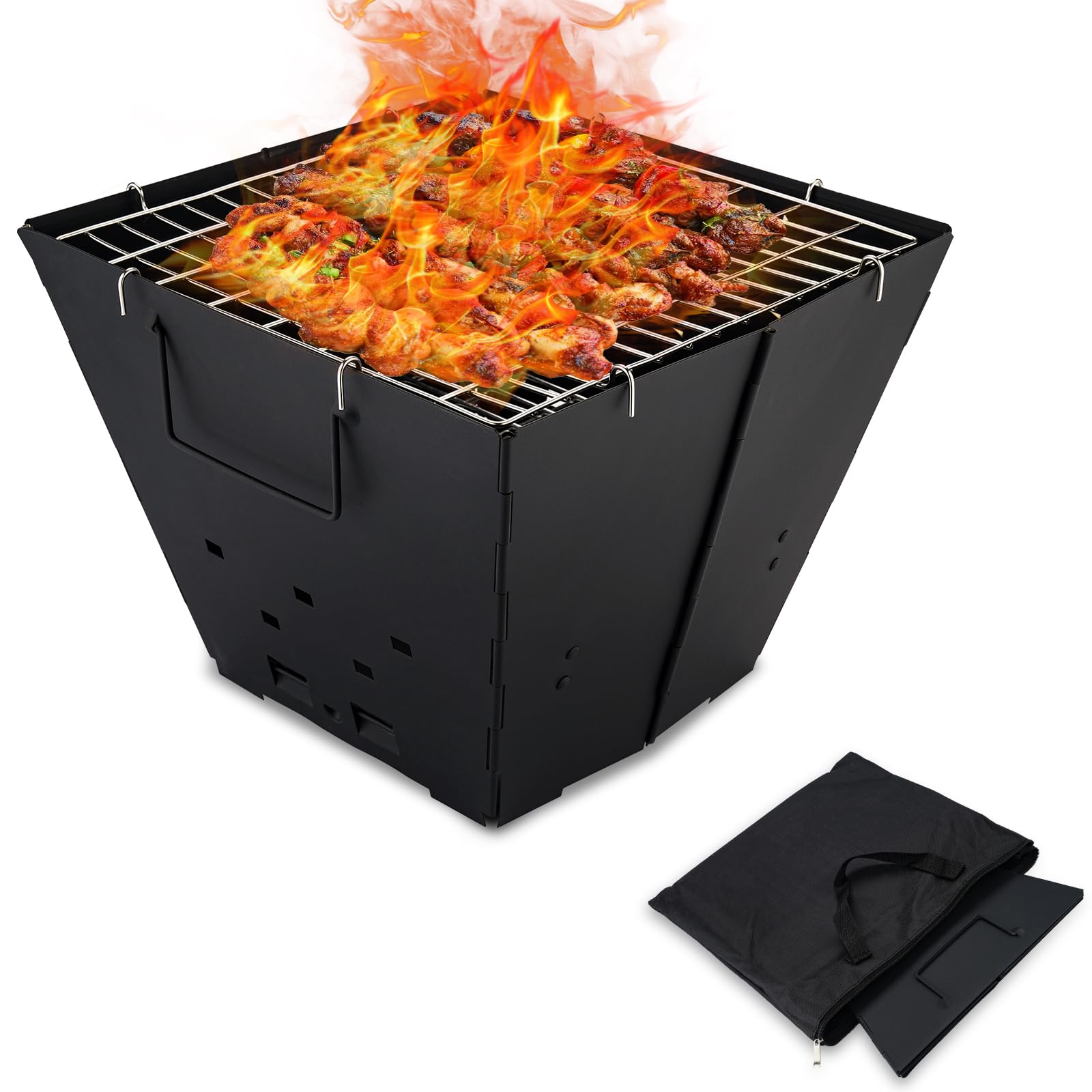 Portable Camping Fire Pit with Top Grill, 2 in 1 Small Folding