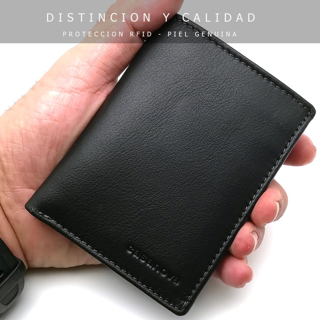 Mini Cartera Tarjetero Hombre Piel - Hecho a Mano - RFID - 10058 Negro