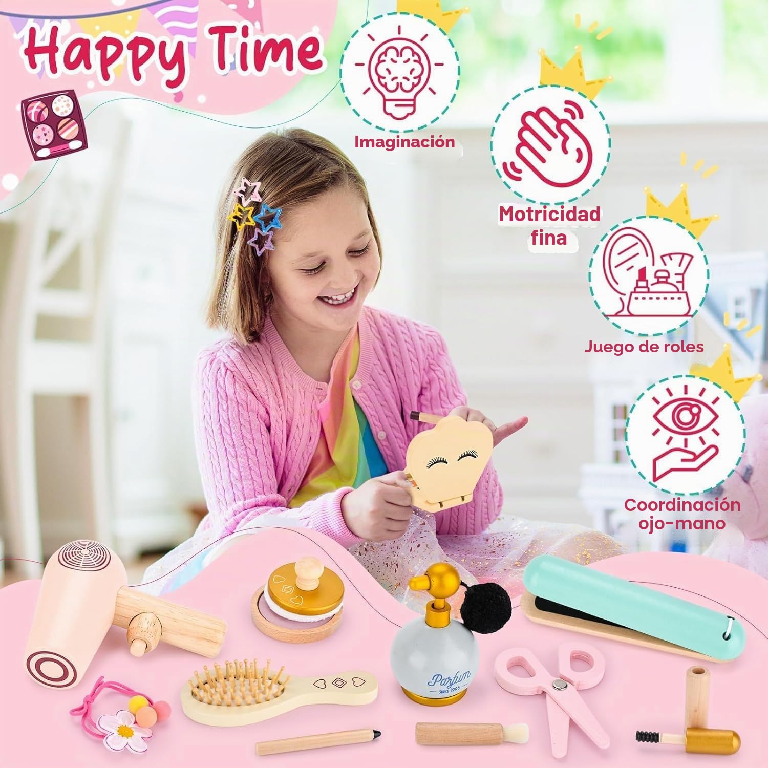 Set Maquillaje de Madera Niña,Set Maquillaje Niñas,Juguete con Neceser de Maquillaje,Conjunto de peluquería,Maquillaje Juguete de Madera,Juego de Roles,Regalo para niñas de 3 4 5 6 7 8Años