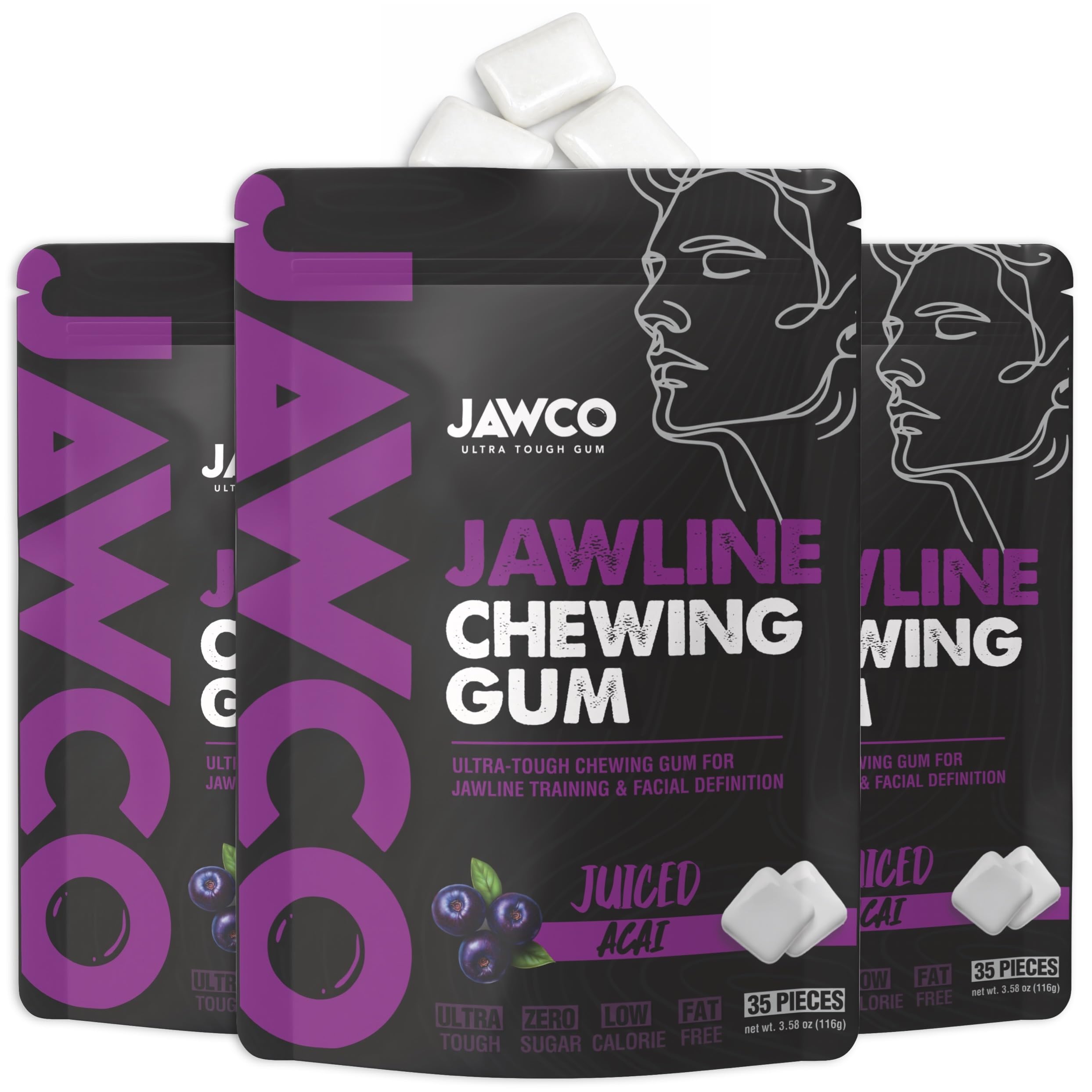 JAWCO Ultra-tough Jawline Chewing Gum | Get a Stronger, Squarer Jawline | Juiced Acai Jaw Training Hard Gum | Chisel, Sculpt, Tone your Jaw | 15X Hardness | Facial Fitness Mewing Gum | 35 Pieces/Pack