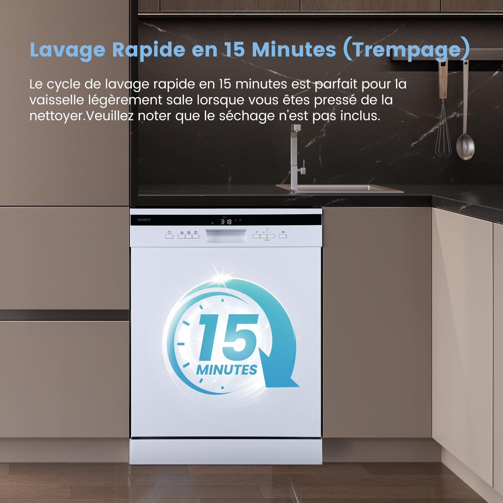COMFEE' FD1435E-W Lave-vaisselle Pose Libre 14 Couverts, 60 cm, 44 dB | 8 Programmes, Ouverture Automatique, Départ différé, Demi-Charge, Paniers Flexibles, Séchage Intensif, Blanc