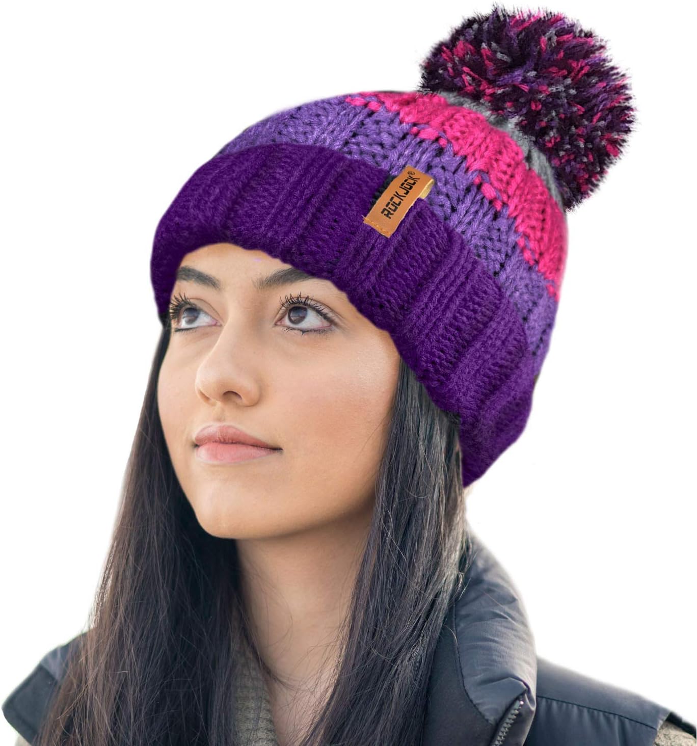RockJock R80 Unisex Mens Ladies Thermal Insulating Striped Beanie Bobble Hat with Cosy Fleece Lining, Purple/Pink, One Size