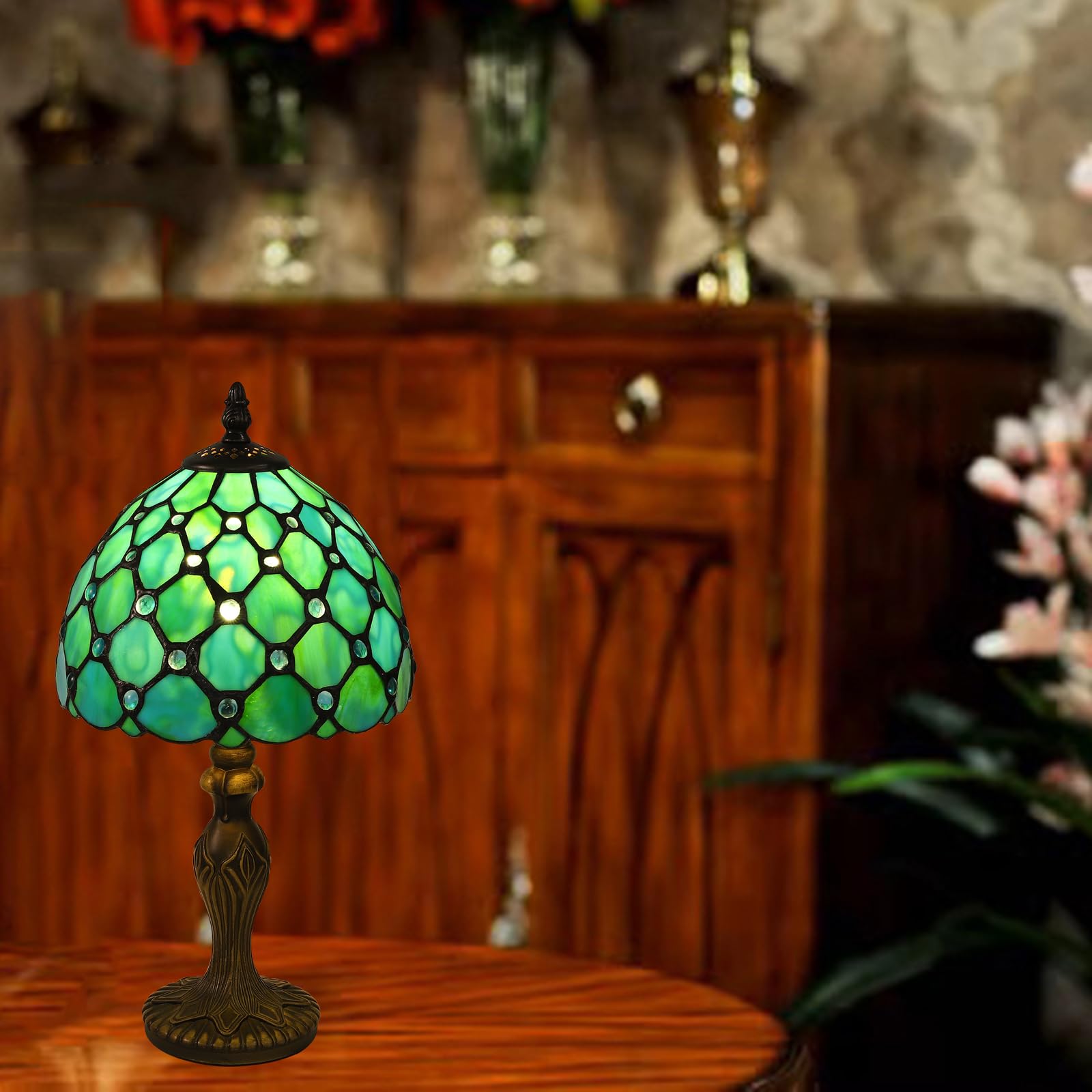 Tiffany Tischlampe, Retro Lampe, Kleine Vintage Nachttischlampe, Deko Tischleuchte, Blau Blumen Muster, Handcraft Bunte Glas Lampenschirm, Mit E27 LED Glühbirne, für Schlafzimmer Wohnzimmer Büro