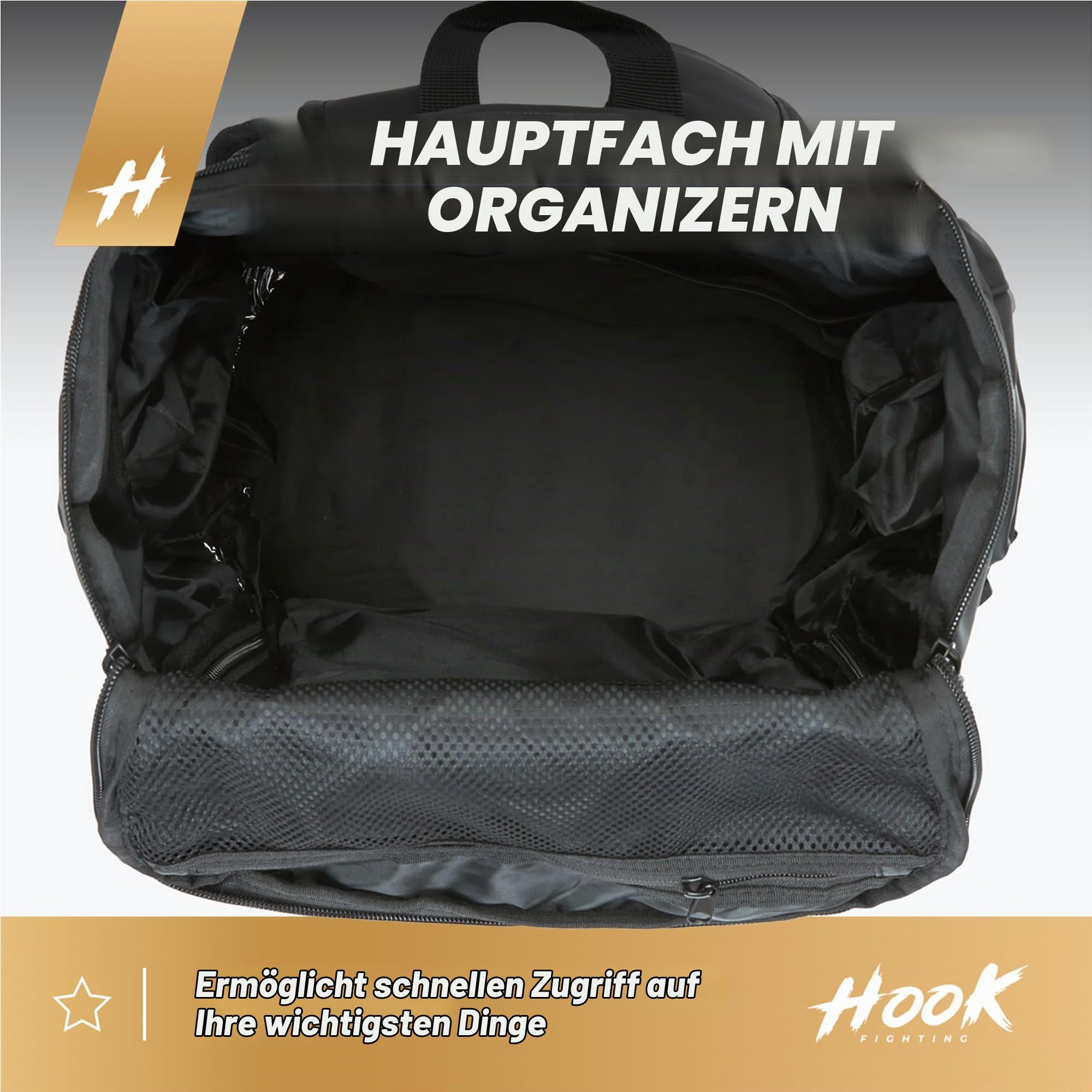 HOOK FIGHTNG COMPETITION Sport Rucksack in Schwarz mit einem Fassungsvermögen von 45/63 Litern Schutz vor Feuchtigkeit Belüftete und thermoaktive Tasche/Fitness Rucksack Verstellbares Volumen Stabilit