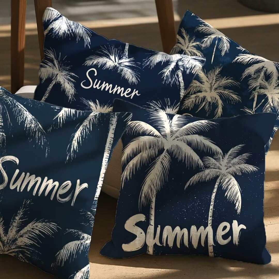 Fundas Cojines 40x40 cm Exterior Cojines Azul Marino Fundas de Almohada Juego de 4, Cuadrados Funda Cojin Plantas Tropicales Almohadas Sofa Cama Decorativos para Hogar, Jardín, Salón y Dormitorio Ym69