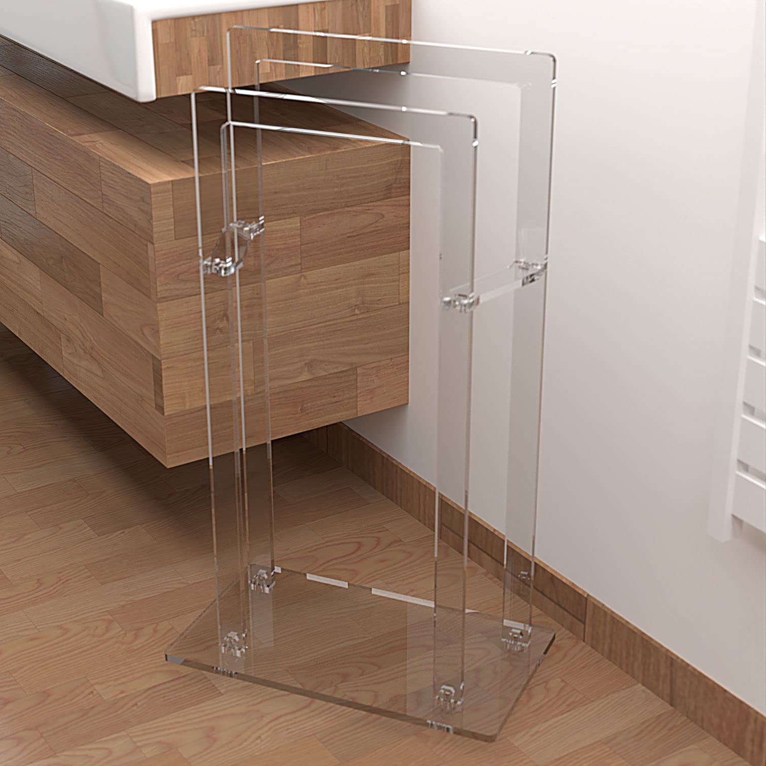 AGPLEX Piantana porta asciugamani bagno da terra in vetro acrilico trasparente 50x28x87cm, Portasciugamani bagno moderno e resistente con supporti antiruggine - Made in Italy