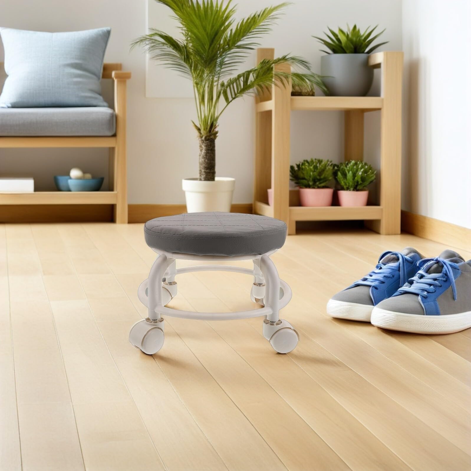 Sgabello Girevole con Ruote in Pelle PU Sgabello Basso Rotondo 25 CM per Salone Spa Manicure Mobile Professionale per Casa Ufficio Garage e Centro Estetico