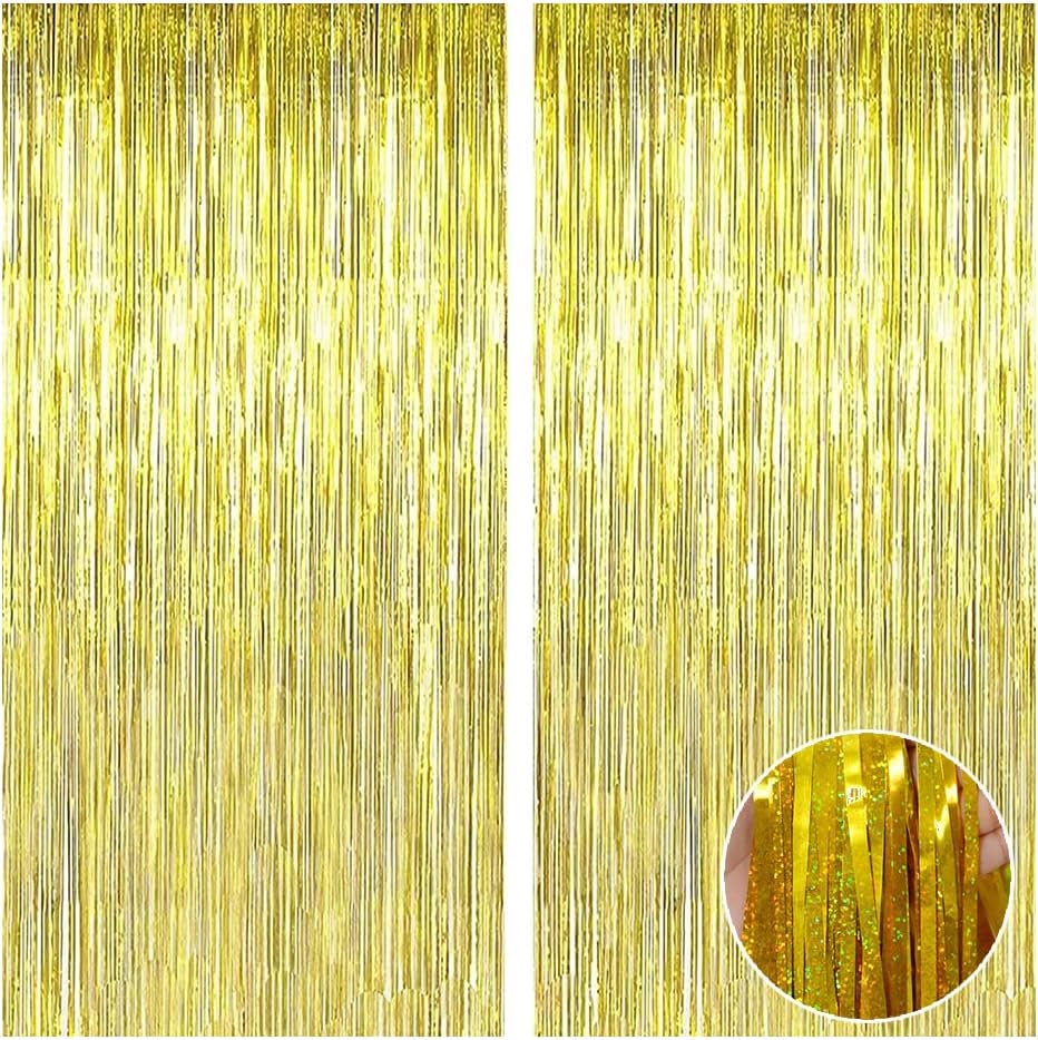 4 Pcs Gold Tinsel Foil Fringe Curtains Backdrop, Gold Streamer Backdrop Curtain for Party