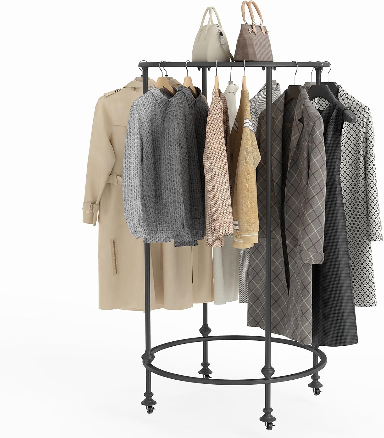 Round Garment Rack, Movable Round Clothes Rack 360° Rotating Clothes Racks Floor Standing Rotatable Clothing Rack for Boutiques Commercial Shop Laundry Room Retail Store