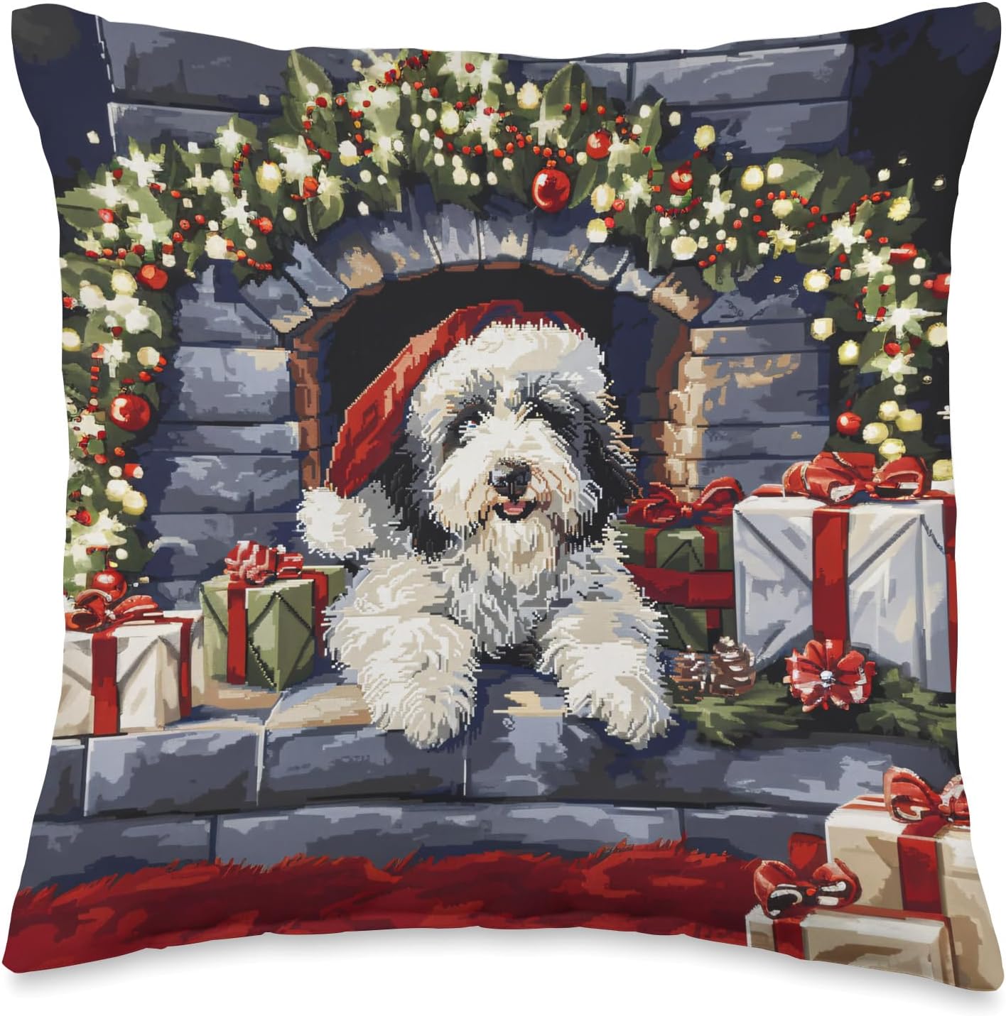 Funny Sheepadoodle Dog Christmas Tree Snow Merry Xmas Throw Pillow