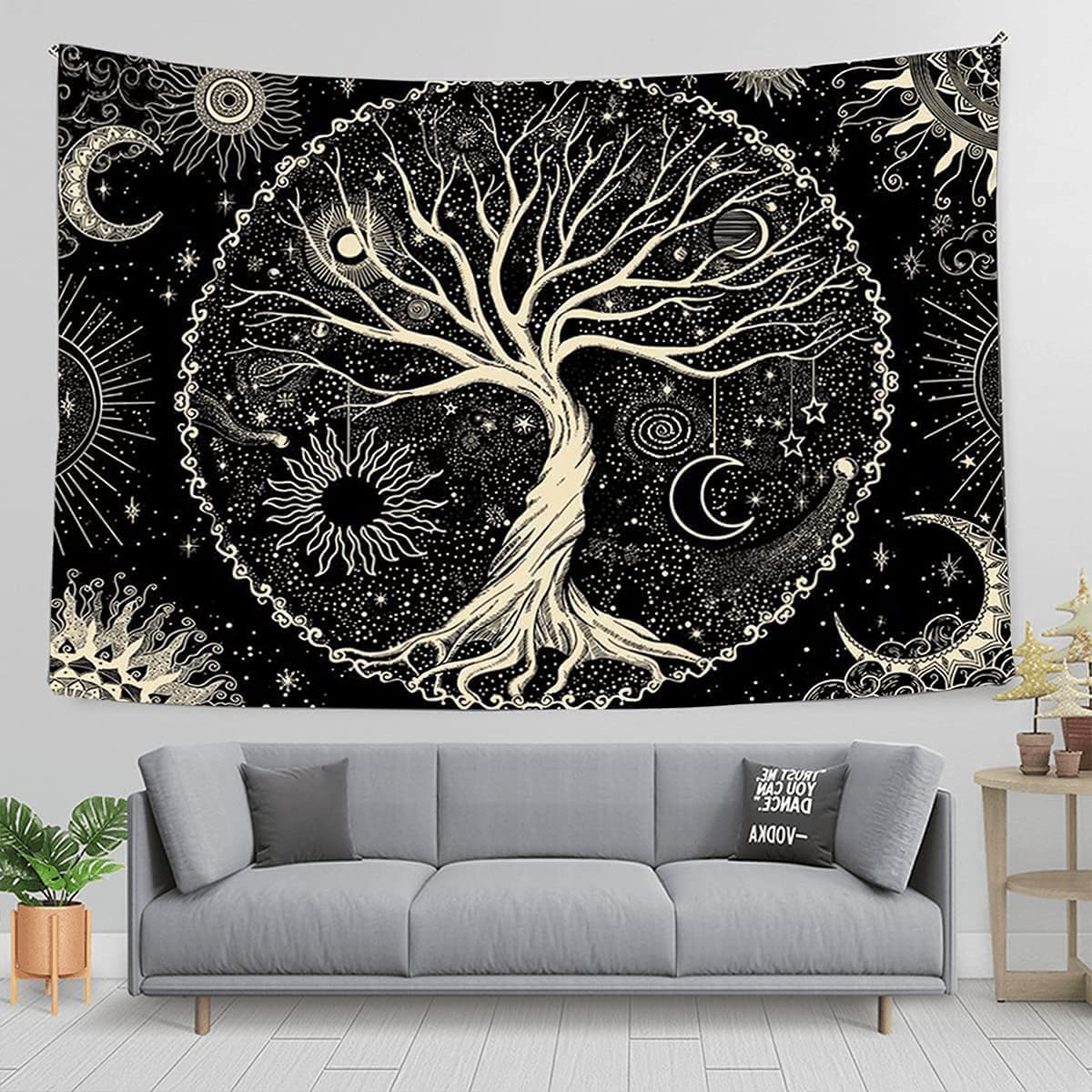 Arawat Tapestry Tree of Life Tapestry Black White Tapestry Moon Sun Tapestry Wall Decor Psychedelic Rug Gothic Tapestry Trippy Tapestry Wall Cloth Wall Hanging Wall Decor (150 x 130cm)