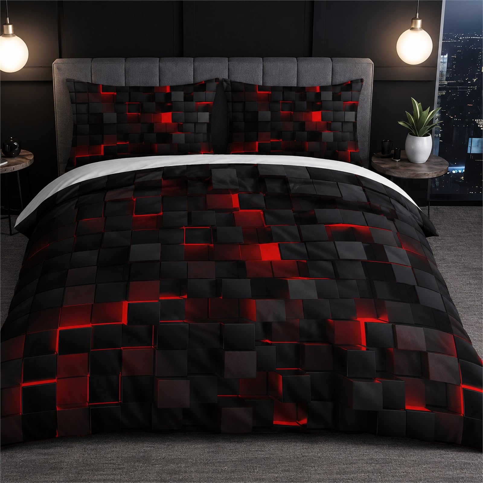 Tabeskly Boys Kids Geometric Square Bedding Geometry Lattice Single Duvet Cover Sets with Zipper Black Neon Red 135x200 CM