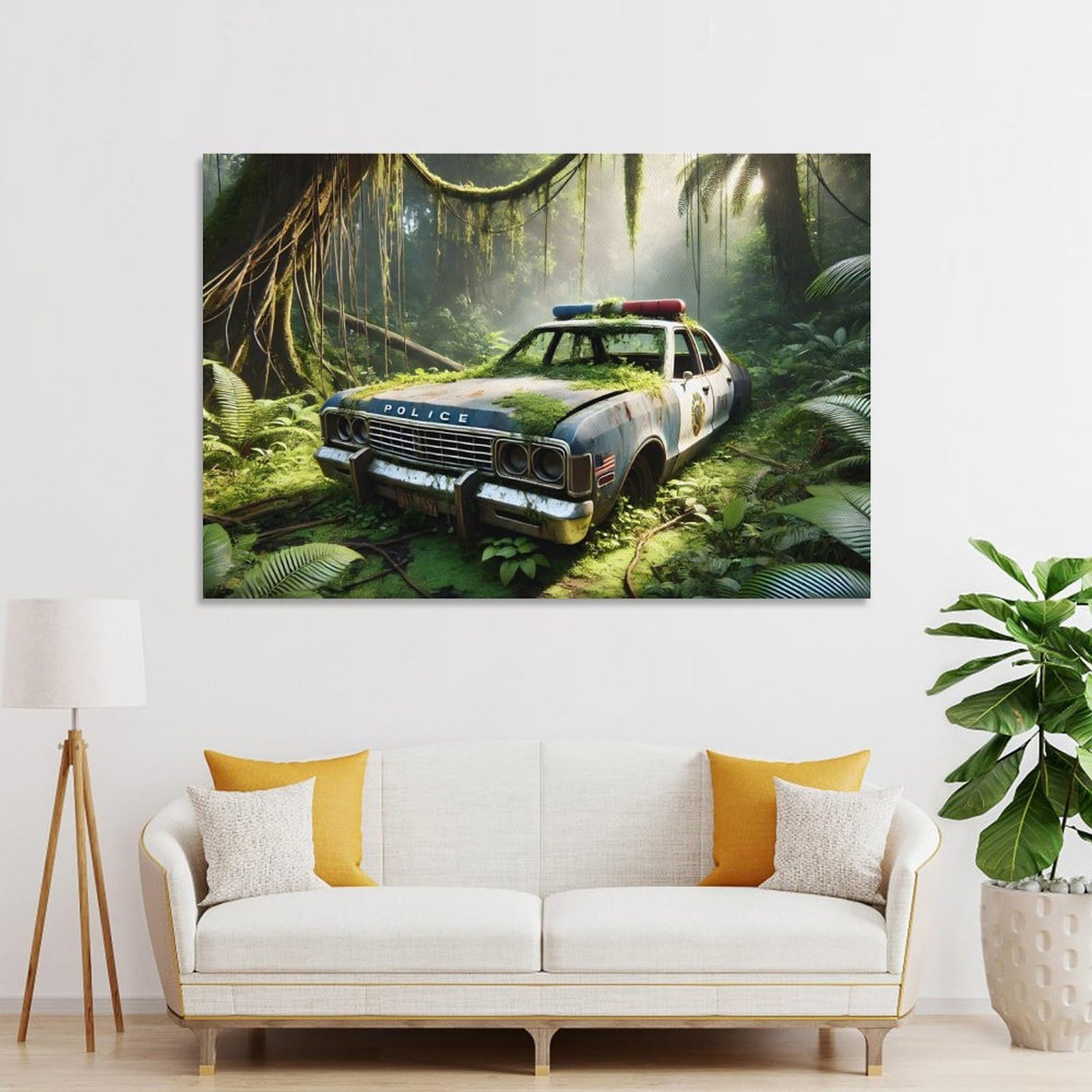 Junmoney Unframe-Style-21 Abandoned Police Car In Jungle Decorative Canvas Print, 24X36inch(60X90cm), For Home, Office, Studio Or Guest Room, Versatile Wall Decor For Many Rooms