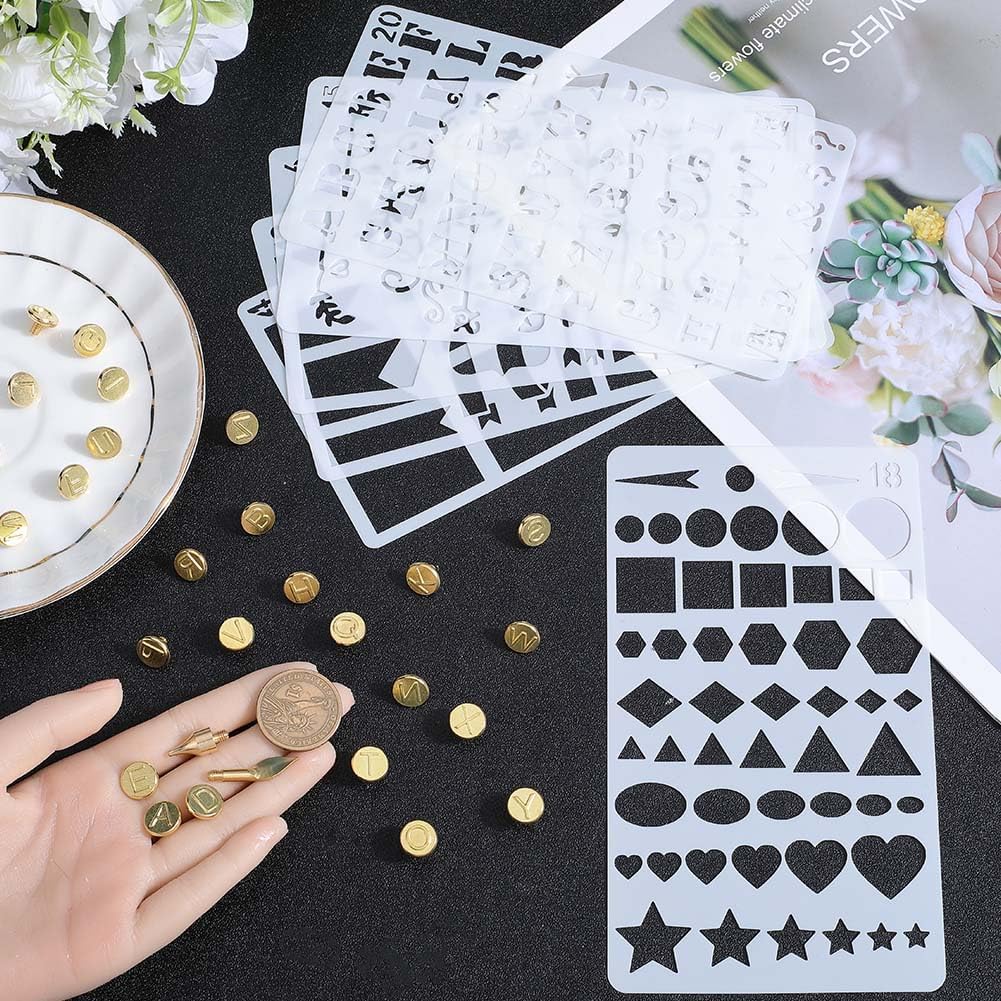 GORGECRAFT 28PCS Wood Burning Tips Set Matte Gold Letters Uppercase Alphabet Branding Hollow Hot Stamps Iron Tips 6PCS Drawing Stencil Template for DIY Embossing Tools Carving Craft