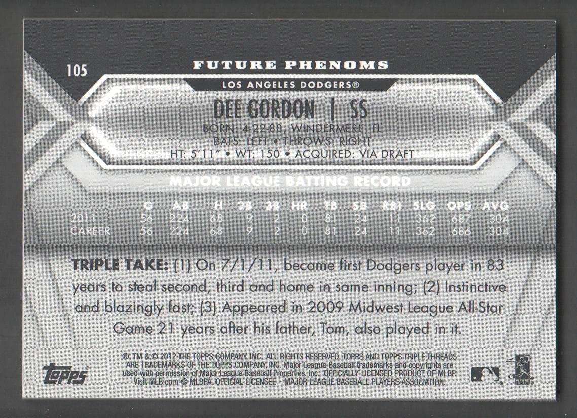 2012 Topps Triple Threads Baseball #105 Dee Gordon AUTO Jersey 68/99