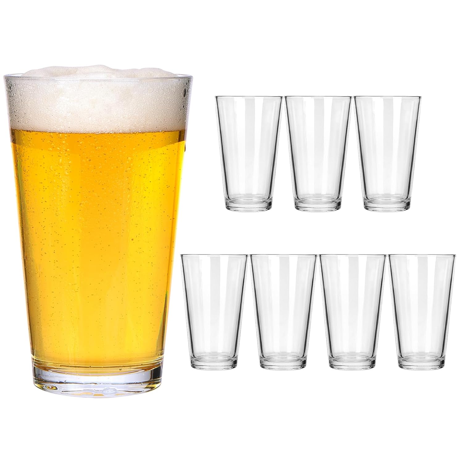 CUCUMI 8pcs 16oz Beer Pint Glasses Drinking Glasses Set of 8 Highball Glasses Water Cups for Cold Beverages