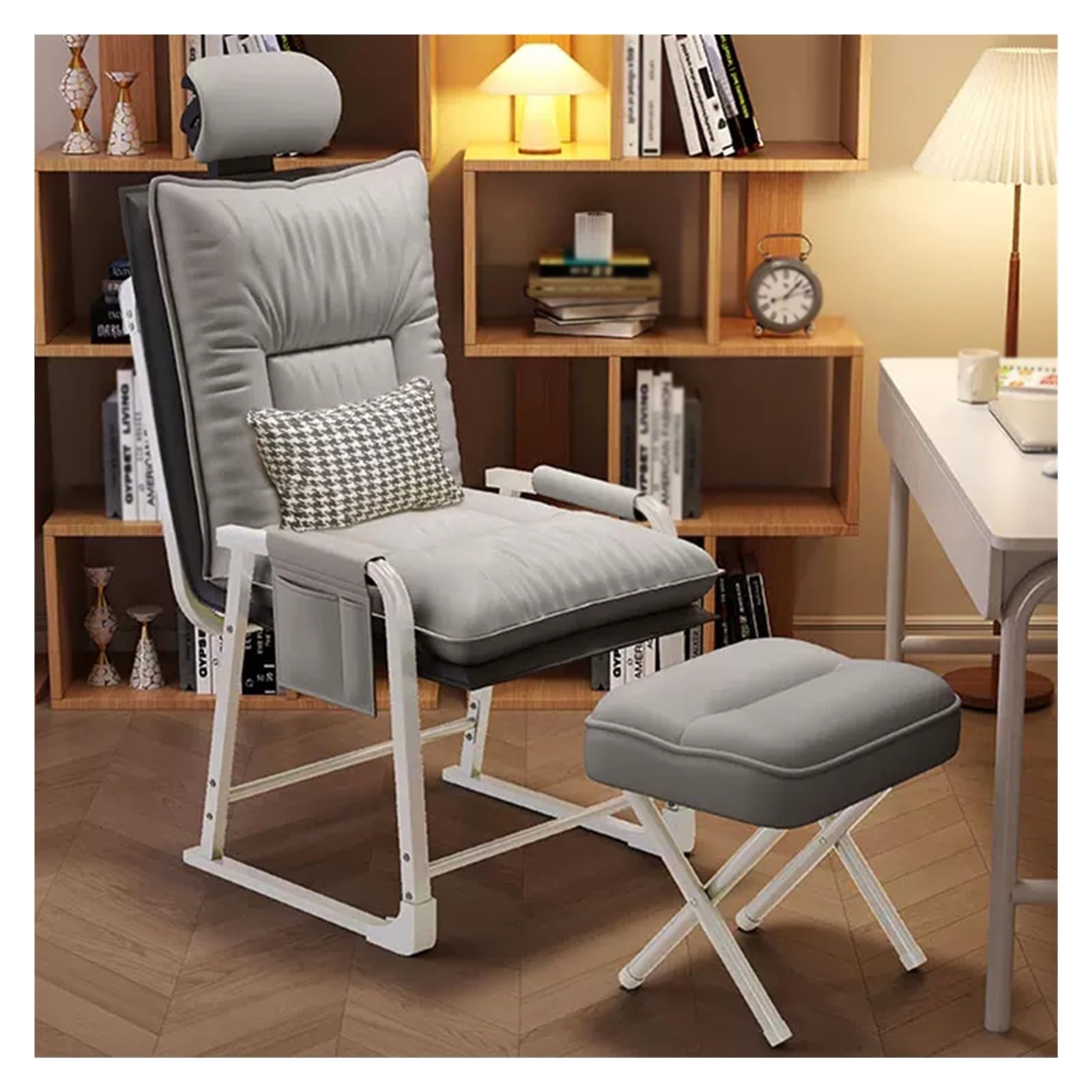 WIGSELBL Ergonomiczne krzesła biurkowe, mały fotel, leniwa pojedyncza sofa krzesło z podnóżkiem i poduszką, tapicerowane krzesło do czytania rekreacyjne z regulowanym oparciem i bocznymi kieszeniami