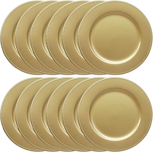 Miniatura 6 de Juego de 12 platos de carga dorados con cuentas. Cargadores de mesa de plástico reutilizables de 13 pulgadas para platos llanos