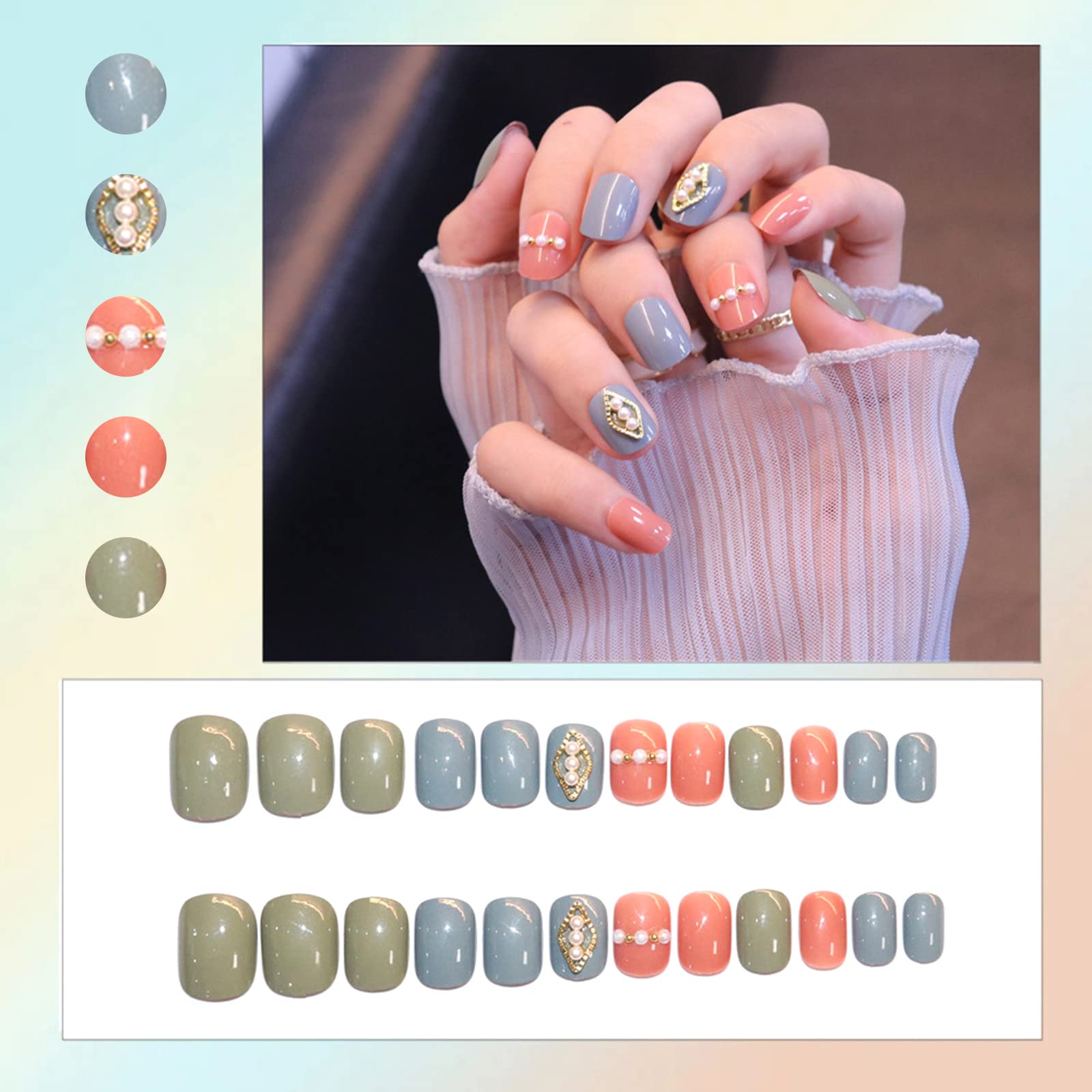 Amazon ネイルチップ つけ爪 3d ショート 可愛い 人気 3dネイル ベリーショート 短め ラウンドチップ 夏 付け爪 ネイル用品 24枚入り 青 トリコロール Tonpop ネイルチップ 通販