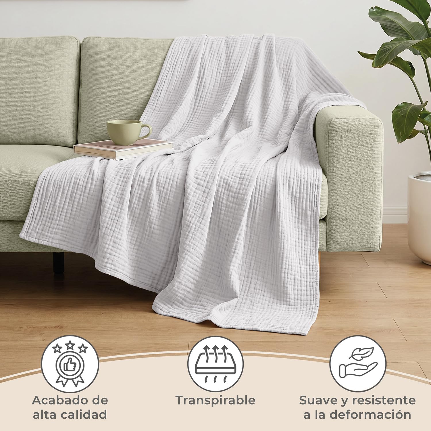 LAYNENBURG Colcha de Muselina Premium 220 x 240 cm - 100% algodón - Manta de algodón Extra Suave como Manta acogedora, Manta de Cama, Manta de sofá, Manta de sofá (Blanco)
