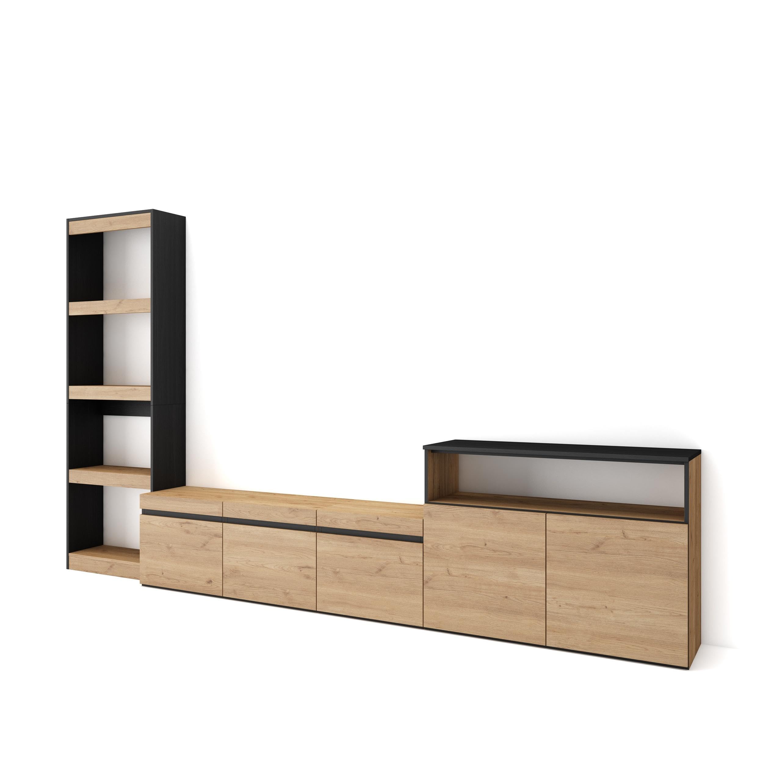 Skraut Home | Ensemble Meuble TV | Meuble Salon Complet | 310x186x35cm | pour Les TV jusqu'à 65" | Salon Complet | Style Moderne | Chêne et Noir