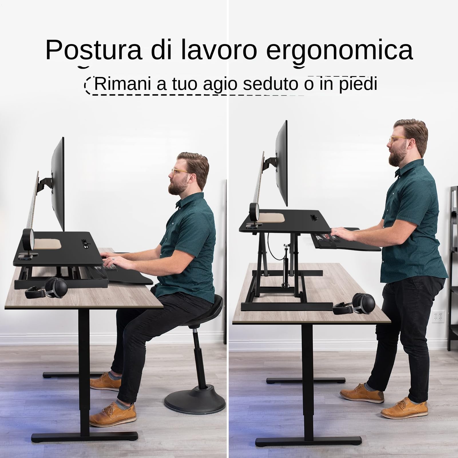 Generico Convertitore da scrivania da 38", altezza regolabile, postazione di lavoro per 2 monitor e laptop con ampio vassoio per tastiera, postazione di lavoro per ufficio in piedi, nero