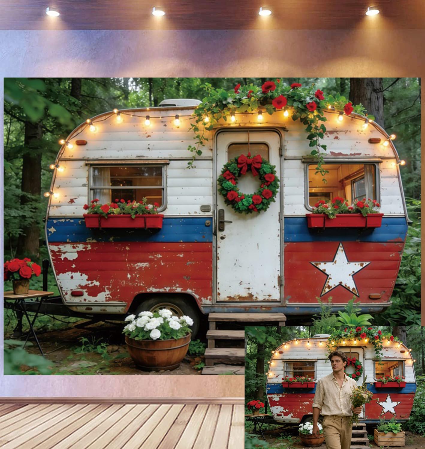3,6x2,5m Vintage Patriotischer Camper Hintergrund Rot-Weiß-Blau Wohnwagen Blumenkranz Lichterketten Pflanzer Requisiten Rustikaler Outdoor Thema Fotostudio Requisiten