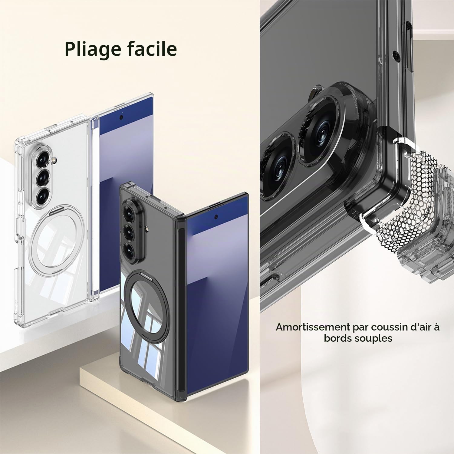 Coque pour Samsung Galaxy Z Fold 7 5g Cover Anneau de Béquille Transparente Case Protection d'écran Housse Ultra Fine Antichoc Etui, Transparente