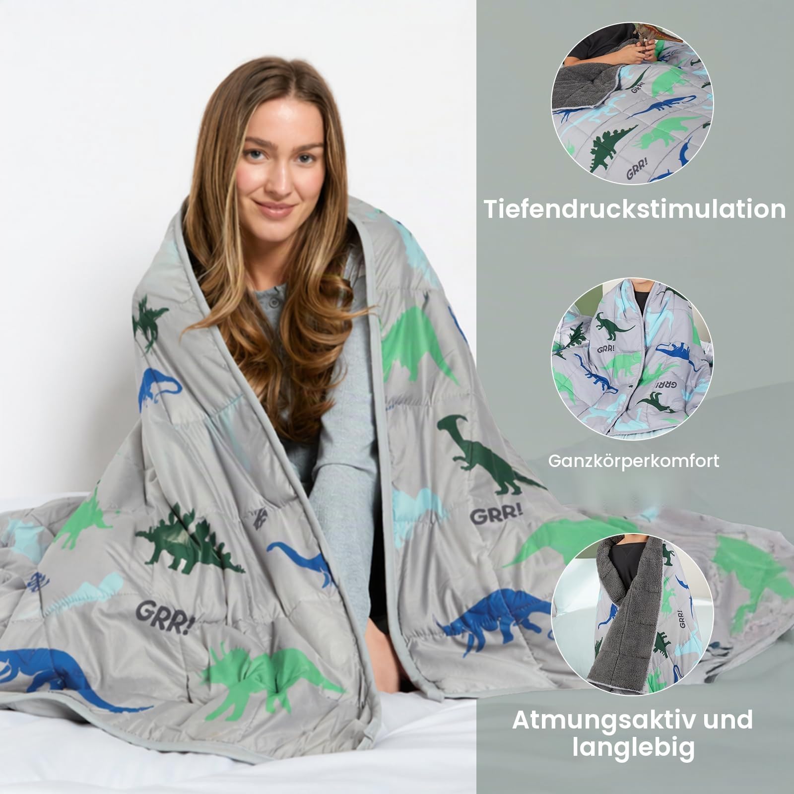 OHS Gewichtsdecke 3kg Dino 100 x 150 cm Grau Weighted Blanket
